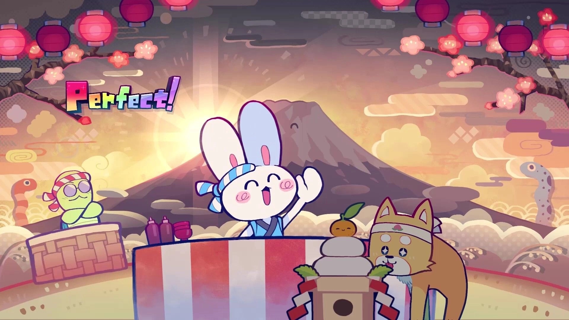 STEP THEATER: Perfect rating pops up as bunny dancer celebrates at festival stall under lanterns at sunset.