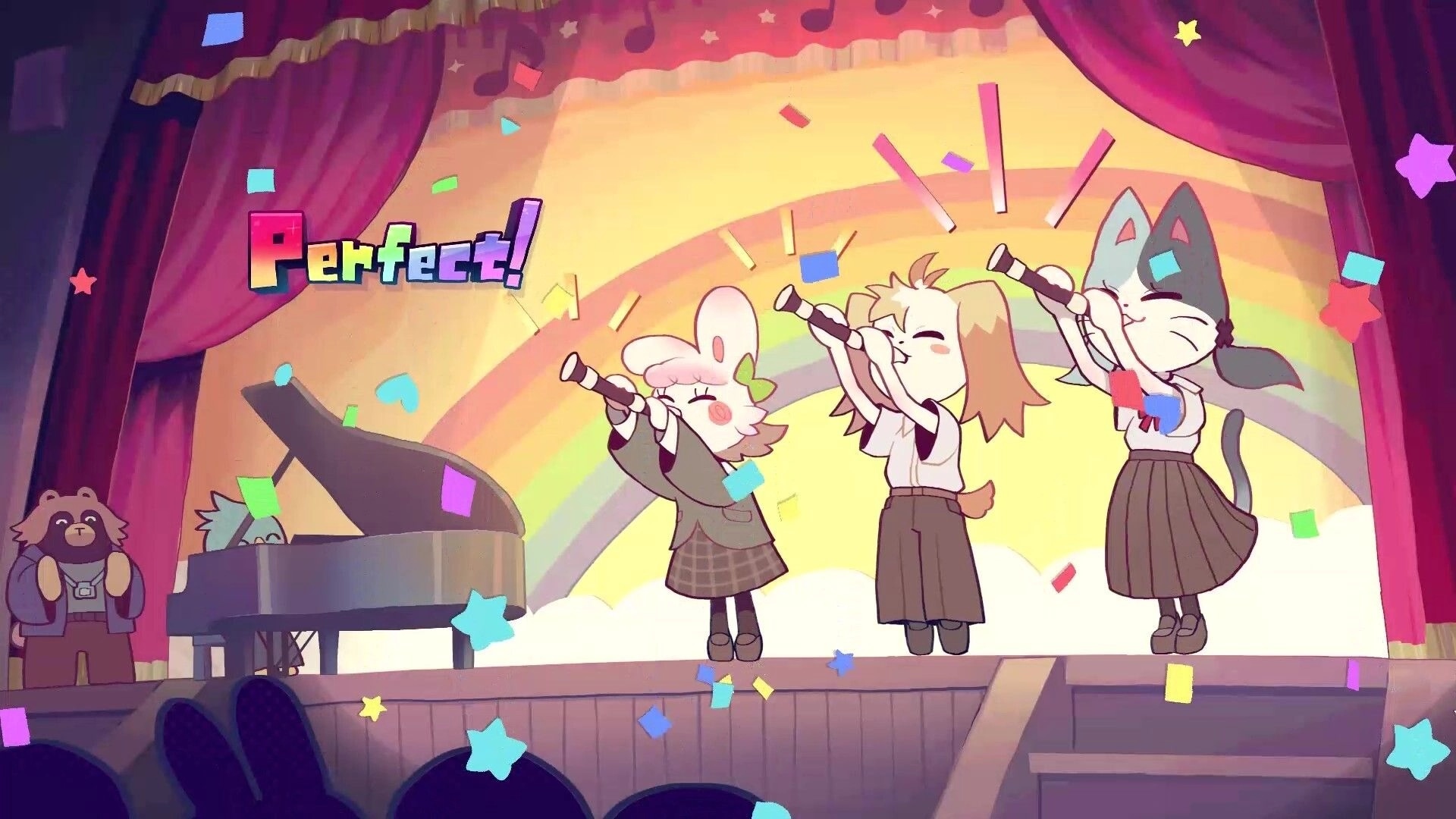 STEP THEATER: Perfect rating pops as animal students sing on a rainbow stage with confetti and piano.
