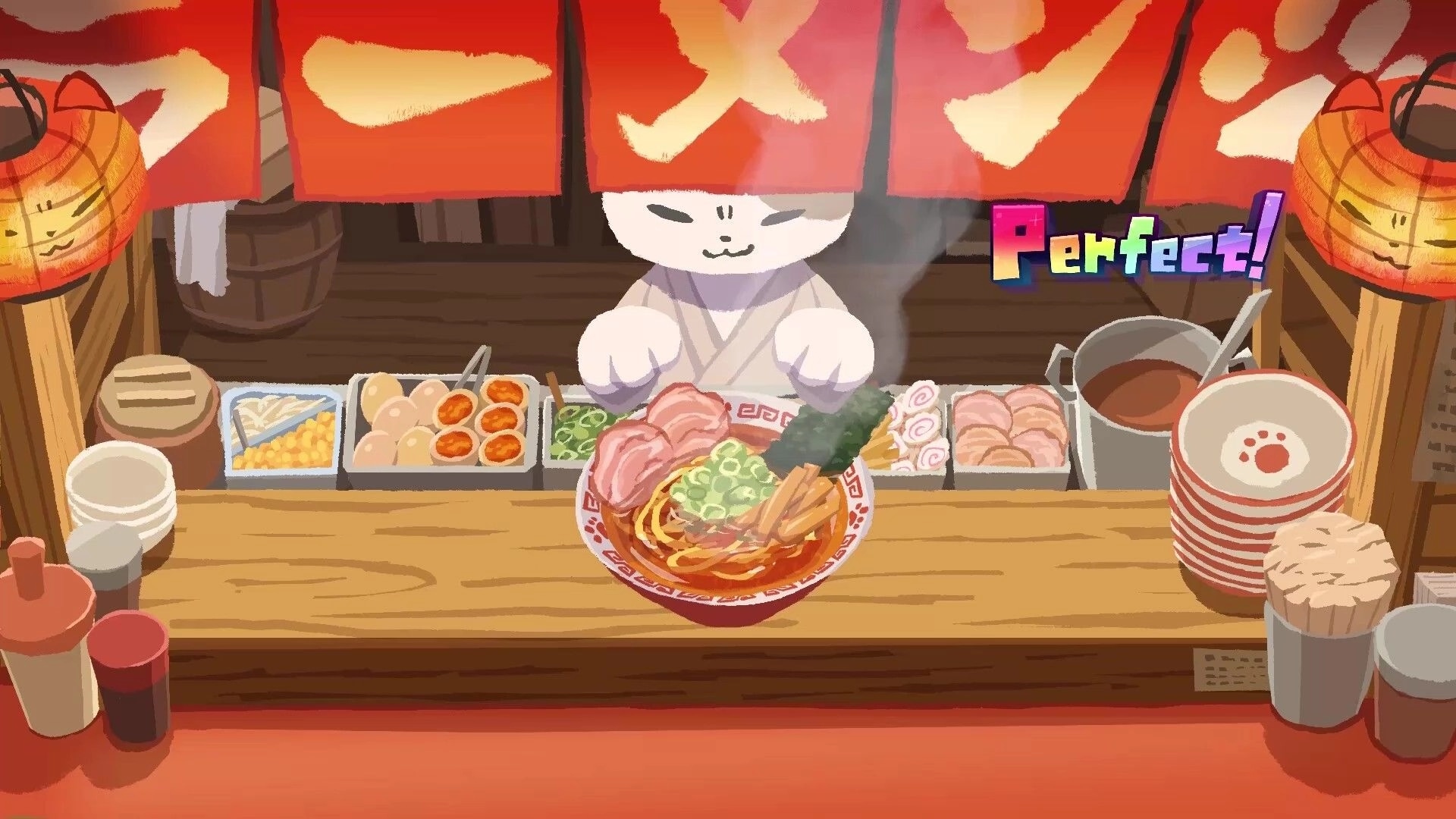 STEP THEATER: Cat chef serves steaming ramen at a stall counter as “Perfect!” score pops up.