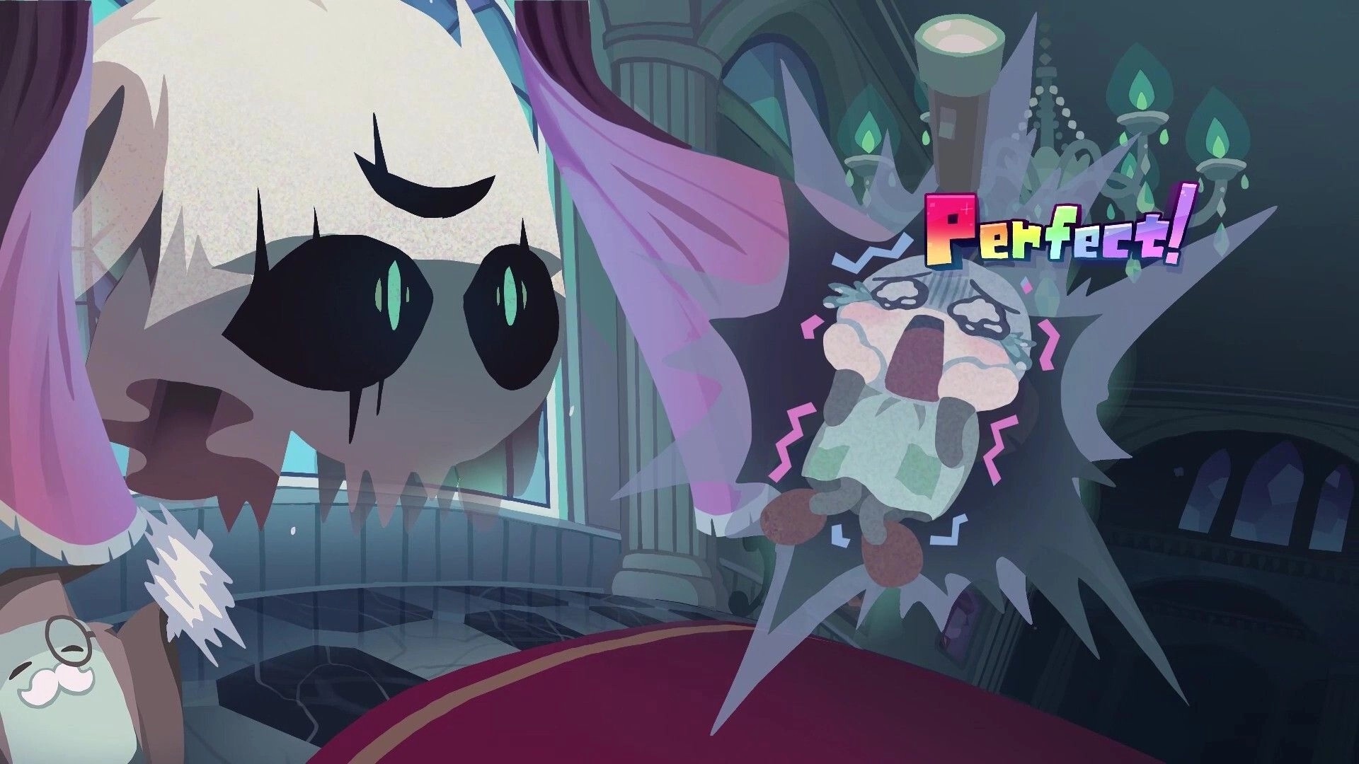 STEP THEATER: Perfect timing hit as a small ghost pops on stage inside a gothic theater hall.