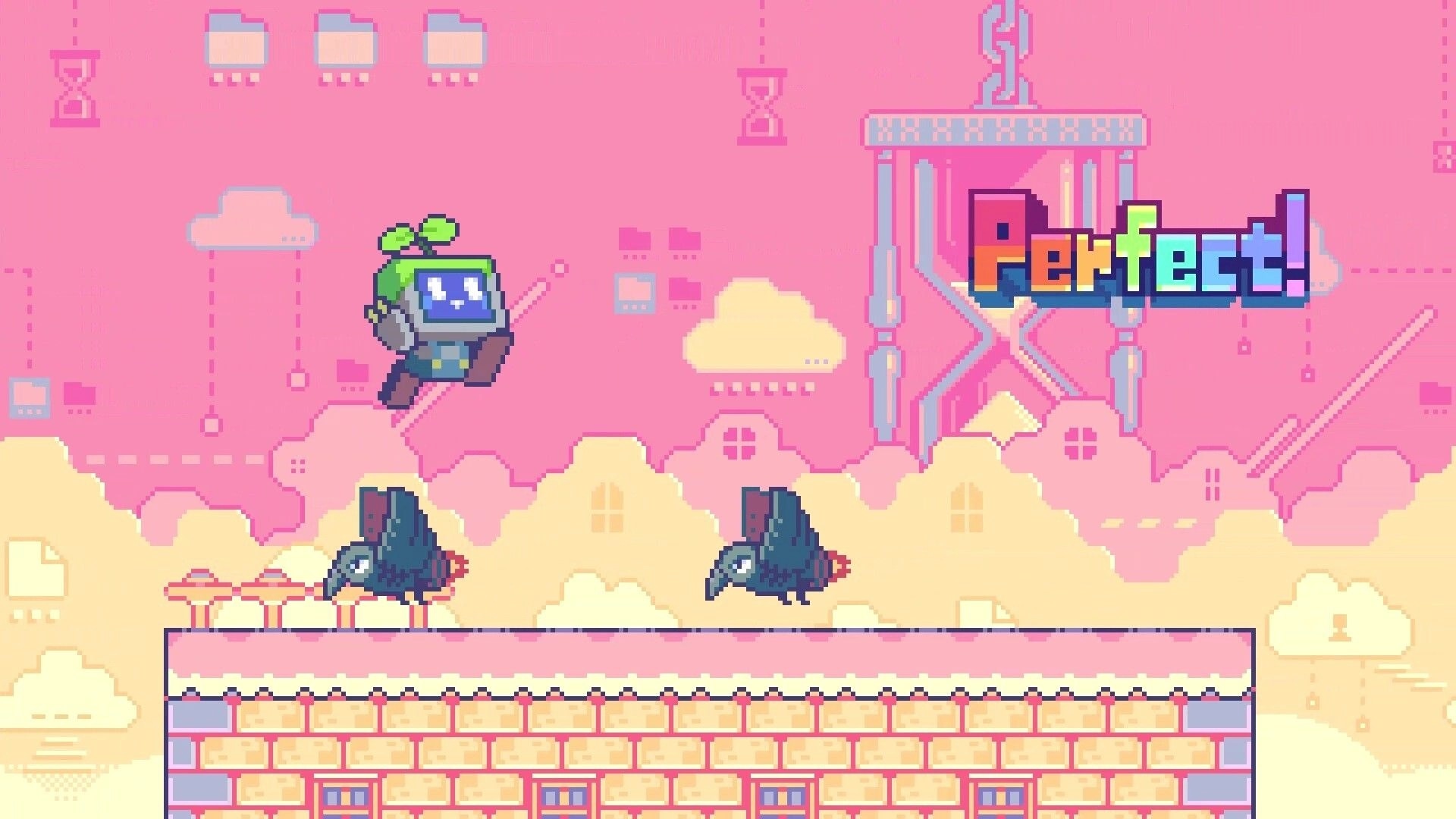 STEP THEATER: Robot character leaps over flying crows as Perfect! pops up in a pink pixel sky stage.
