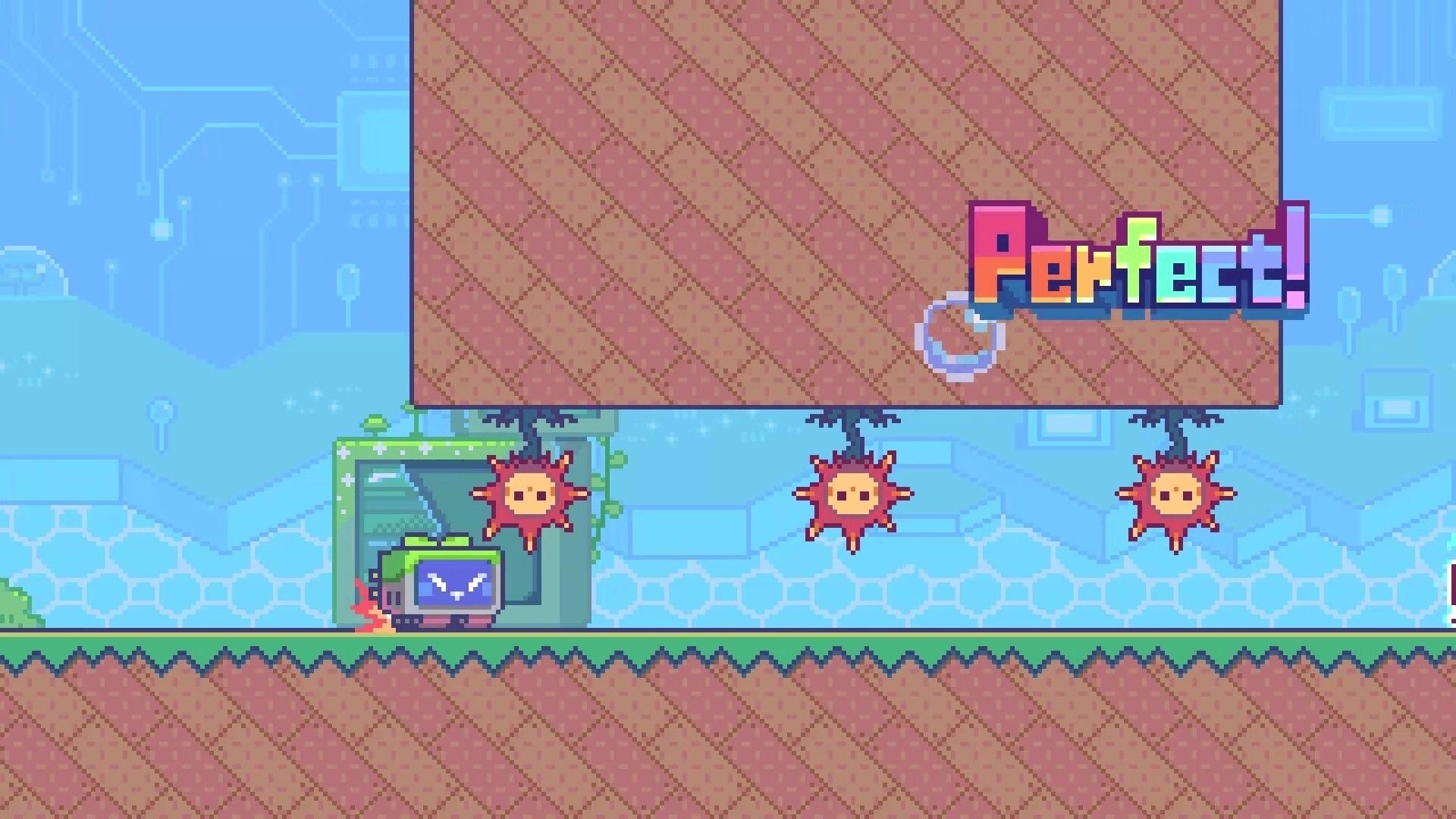 STEP THEATER: Perfect timing popup above a TV-headed character dodging spiky enemies in a pixel stage.