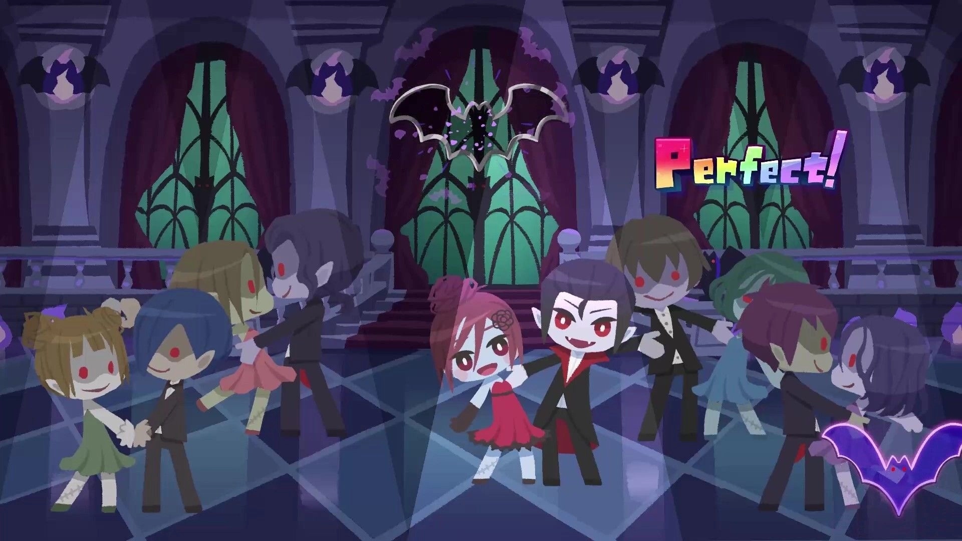 STEP THEATER: Perfect timing pop-up as chibi vampires dance in a gothic ballroom with bat icons.