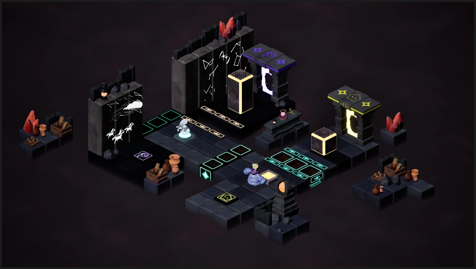Steps To The Stars: Isometric puzzle room with glowing tiles, blocks, and portal doors in dark ruins.