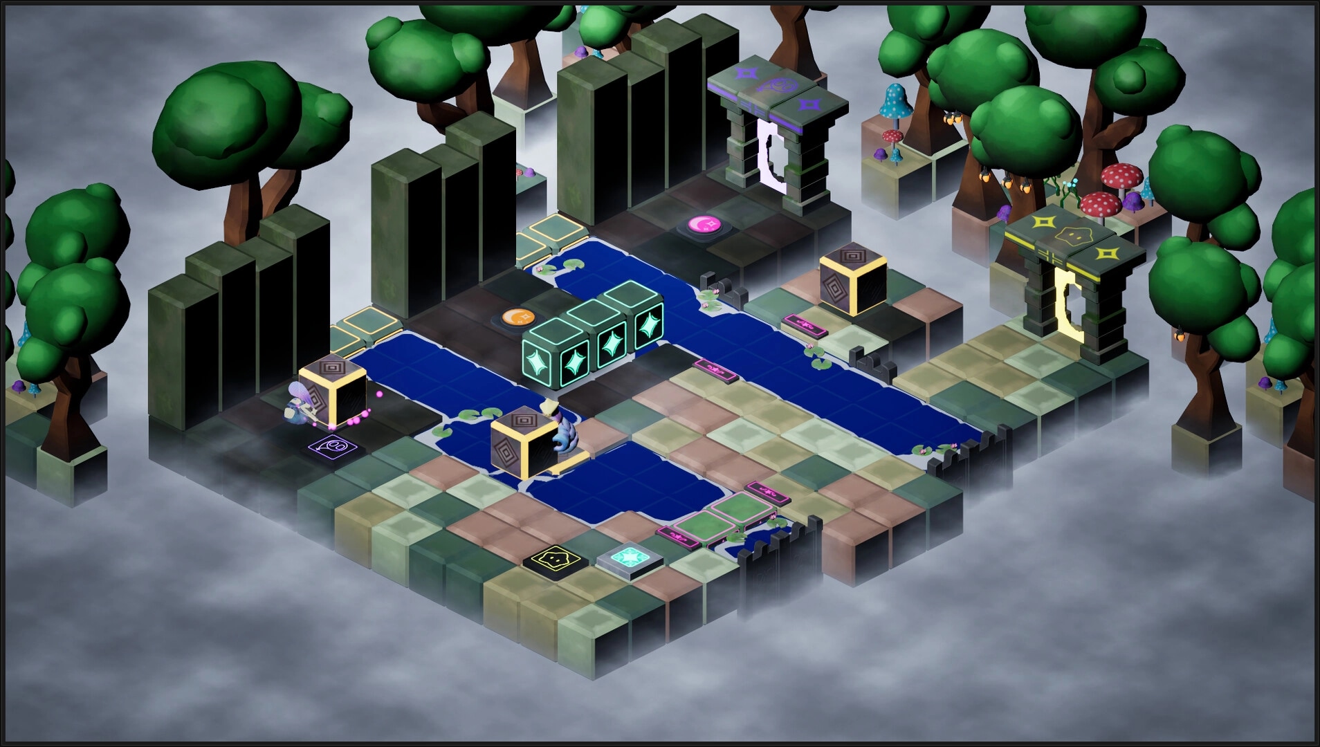 Steps To The Stars: Isometric puzzle map with cubes and portals on tiled paths in a misty forest.