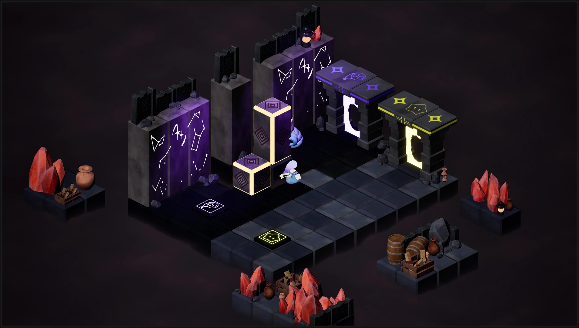 Steps To The Stars: Star character pushes glowing blocks past rune walls toward twin portal gates in ruins.