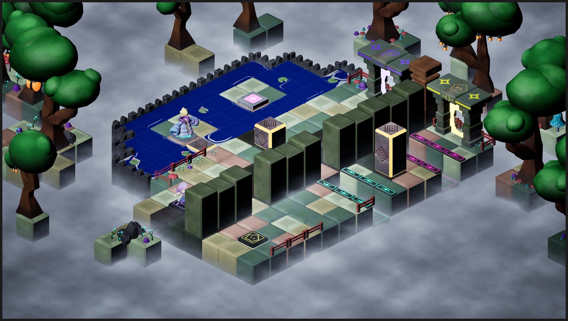 Steps To The Stars: Isometric puzzle board with water tiles, pillars, and glowing gates in misty forest.