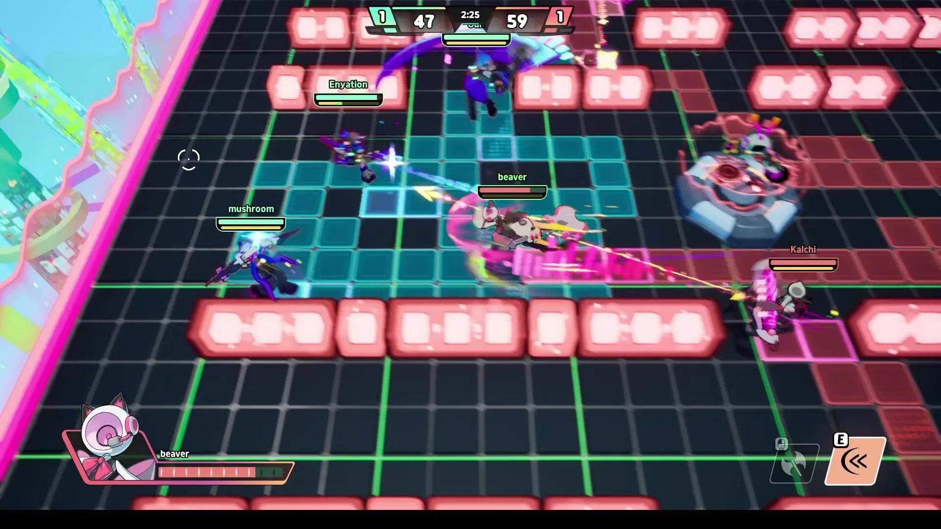 Stereo-Mix!: Intense battle with characters mushroom and beaver on a neon grid arena with score display.