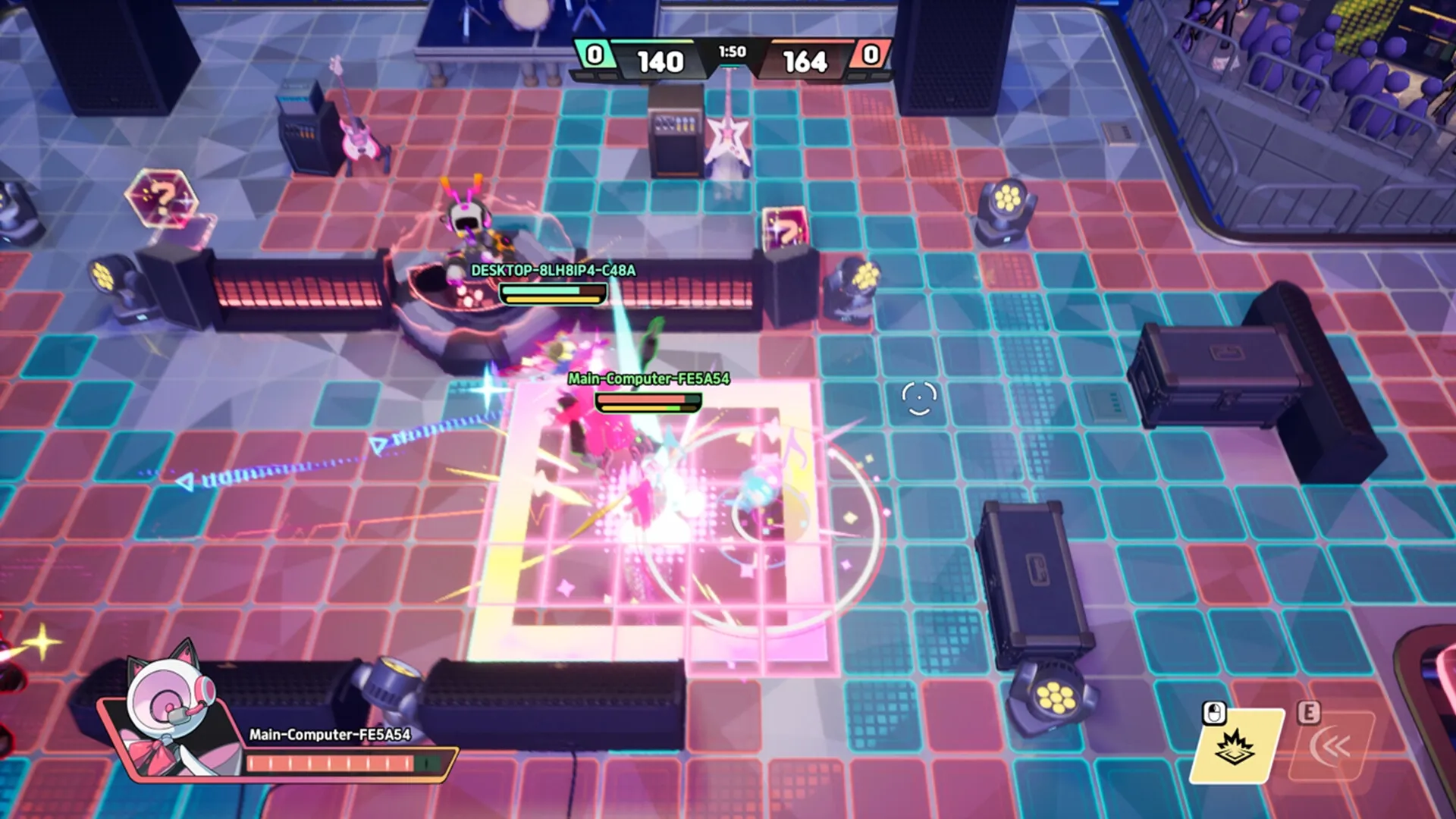 Stereo-Mix!: Instrumental characters battle on a colorful grid, aiming to occupy tiles and score points.