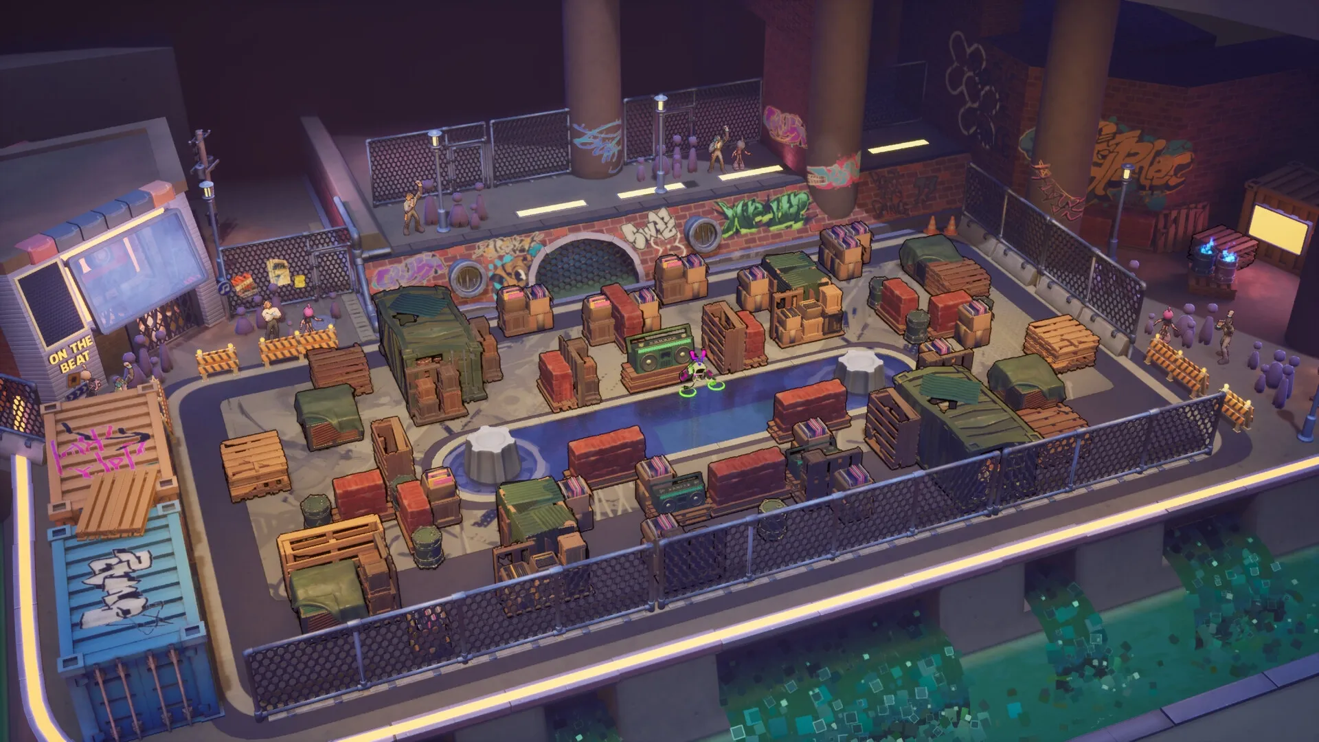 Stereo-Mix!: Overhead view of a city alley with crates, graffiti, and characters near a large boombox.
