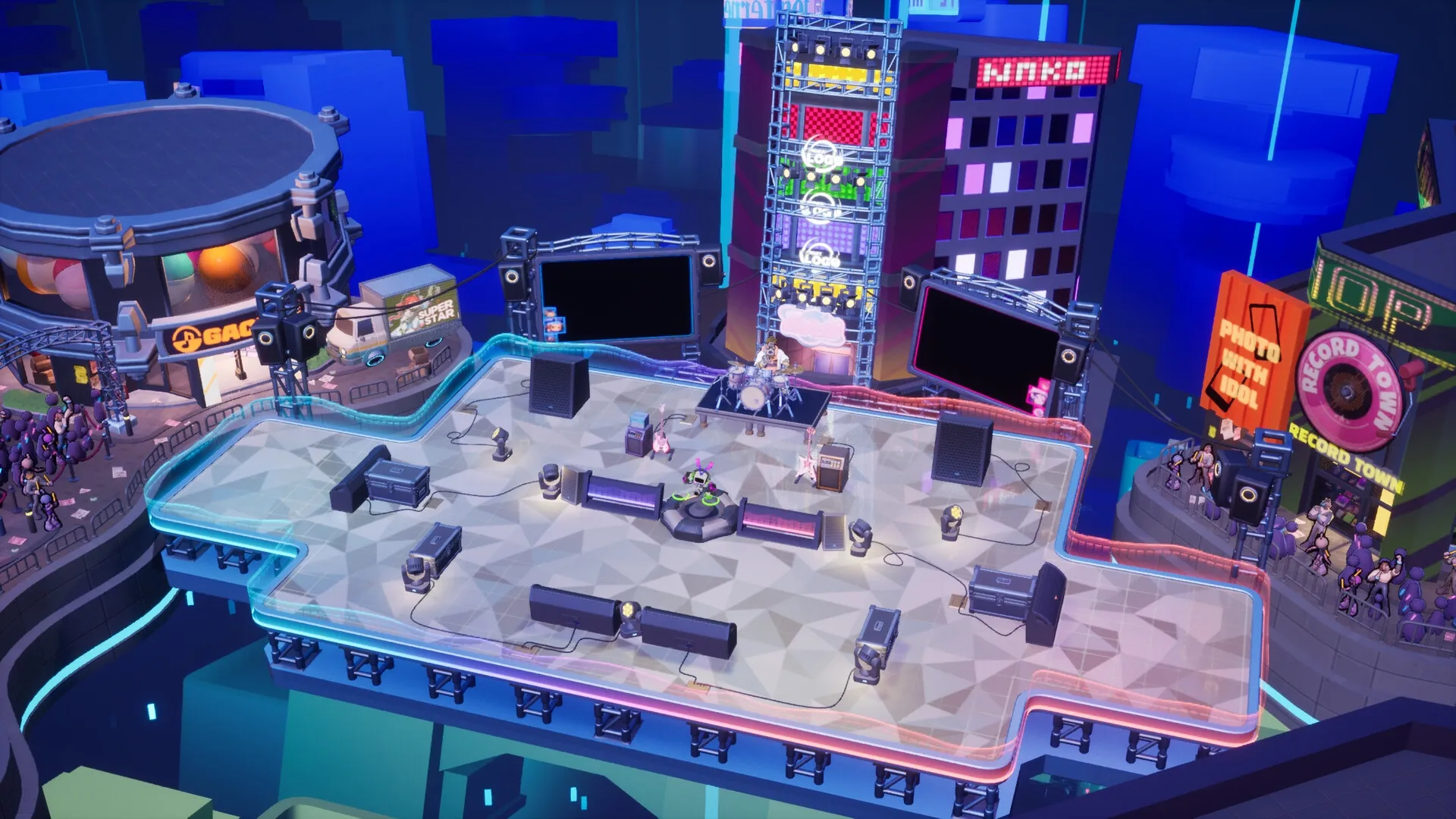 Stereo-Mix!: Instrumental characters perform on a neon-lit stage surrounded by a cheering city crowd.