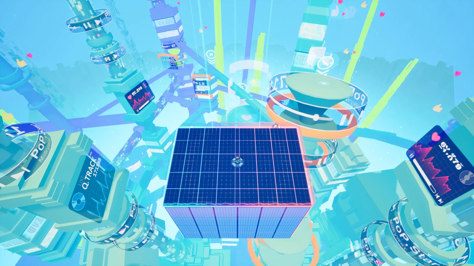 Stereo-Mix!: Central platform with digital screens and futuristic cityscape background