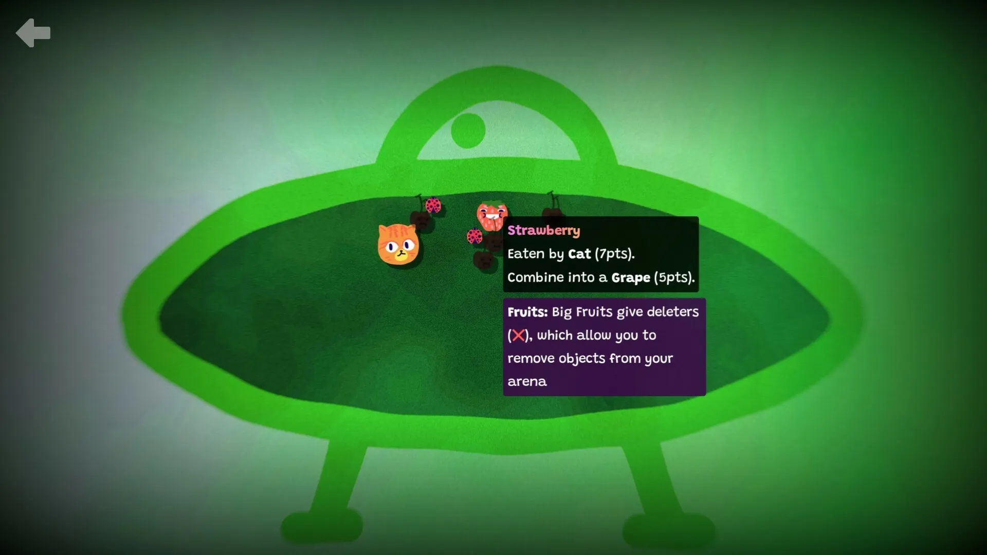 Steve's Warehouse: Cat character with strawberries in a UFO arena, displaying fruit combination points.
