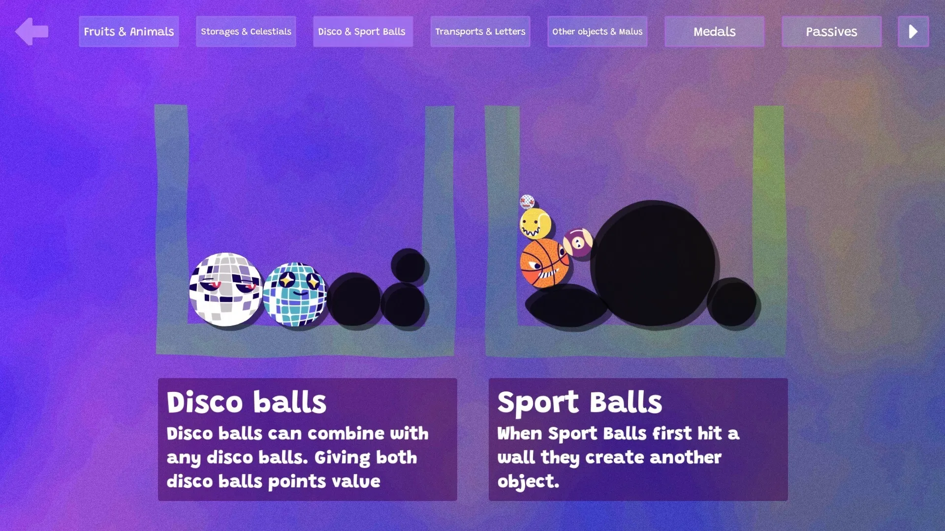 Steve's Warehouse: Disco and sport balls categories with descriptions on purple background interface
