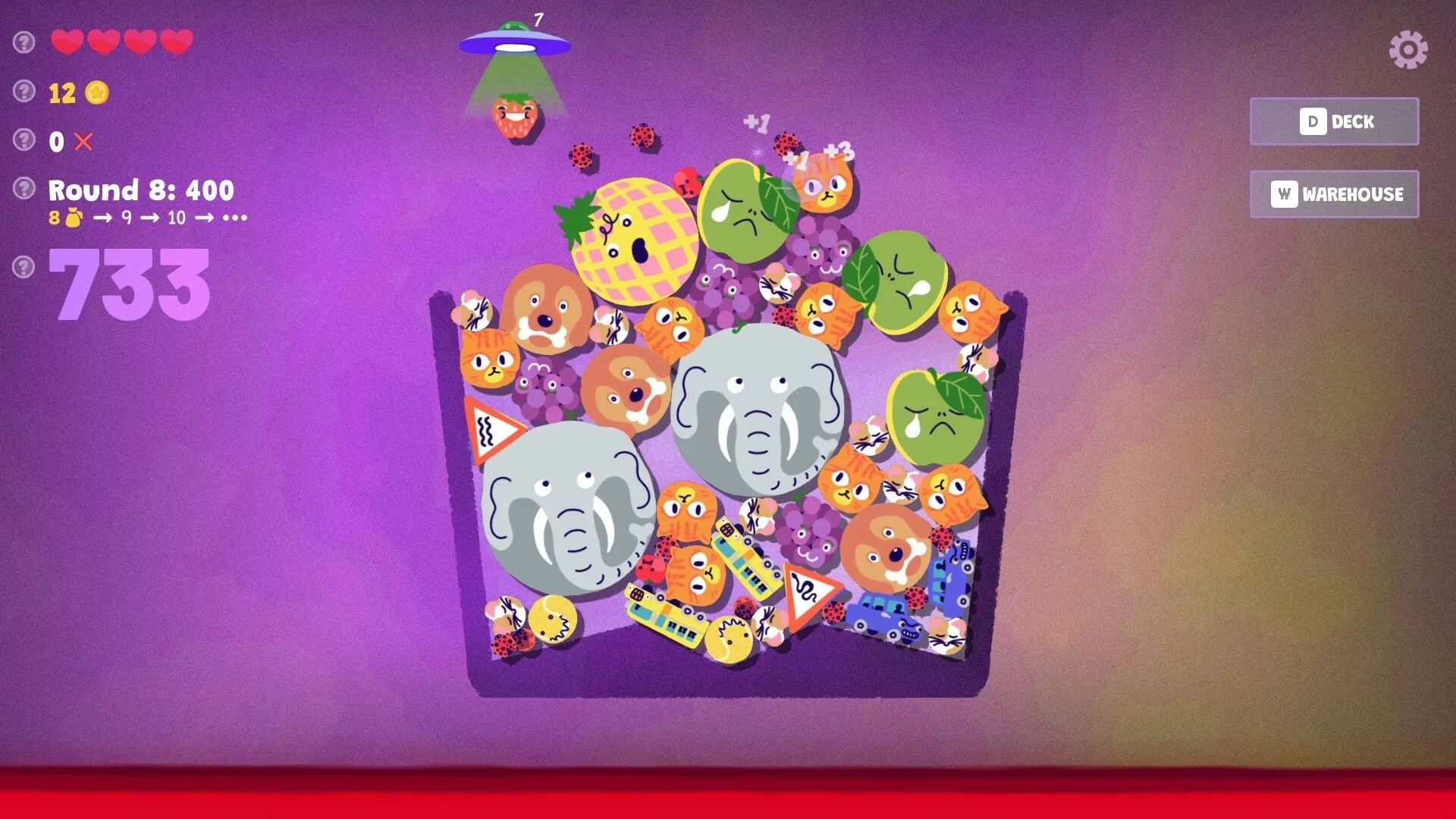 Steve's Warehouse: Objects stacked in a container with fruit and animal icons, score and menu on display