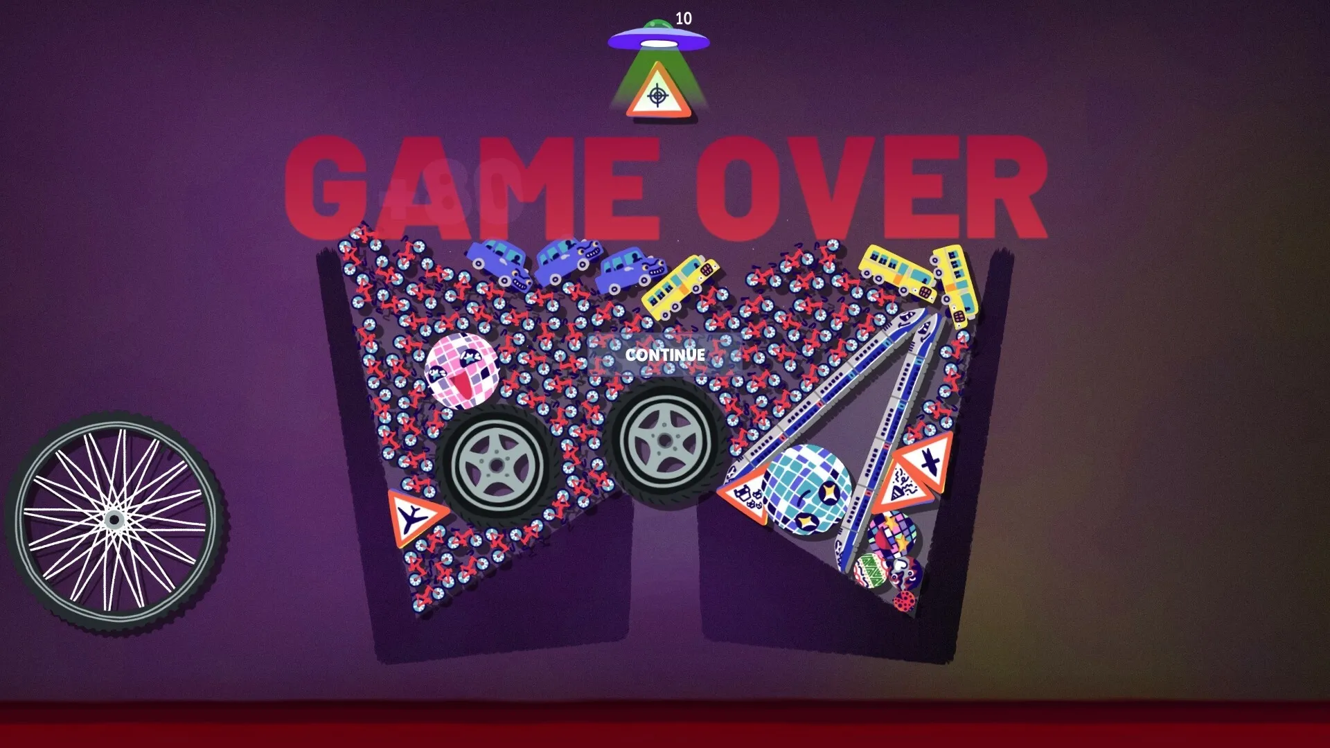 Steve's Warehouse: Game over screen with scattered objects and a large red "GAME OVER" text in warehouse.