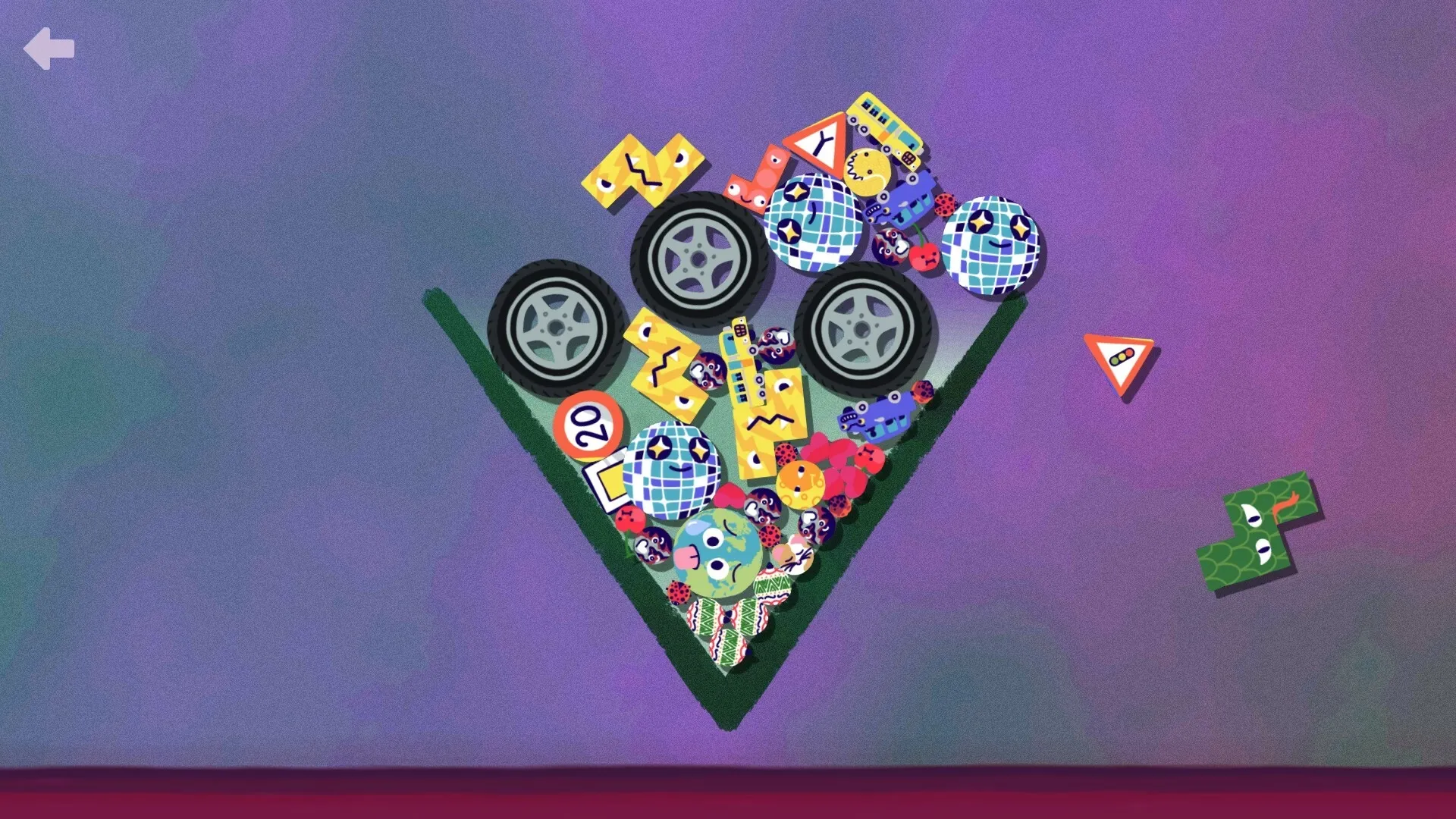 Steve's Warehouse: Pile of colorful objects teetering in a triangular space against a purple background