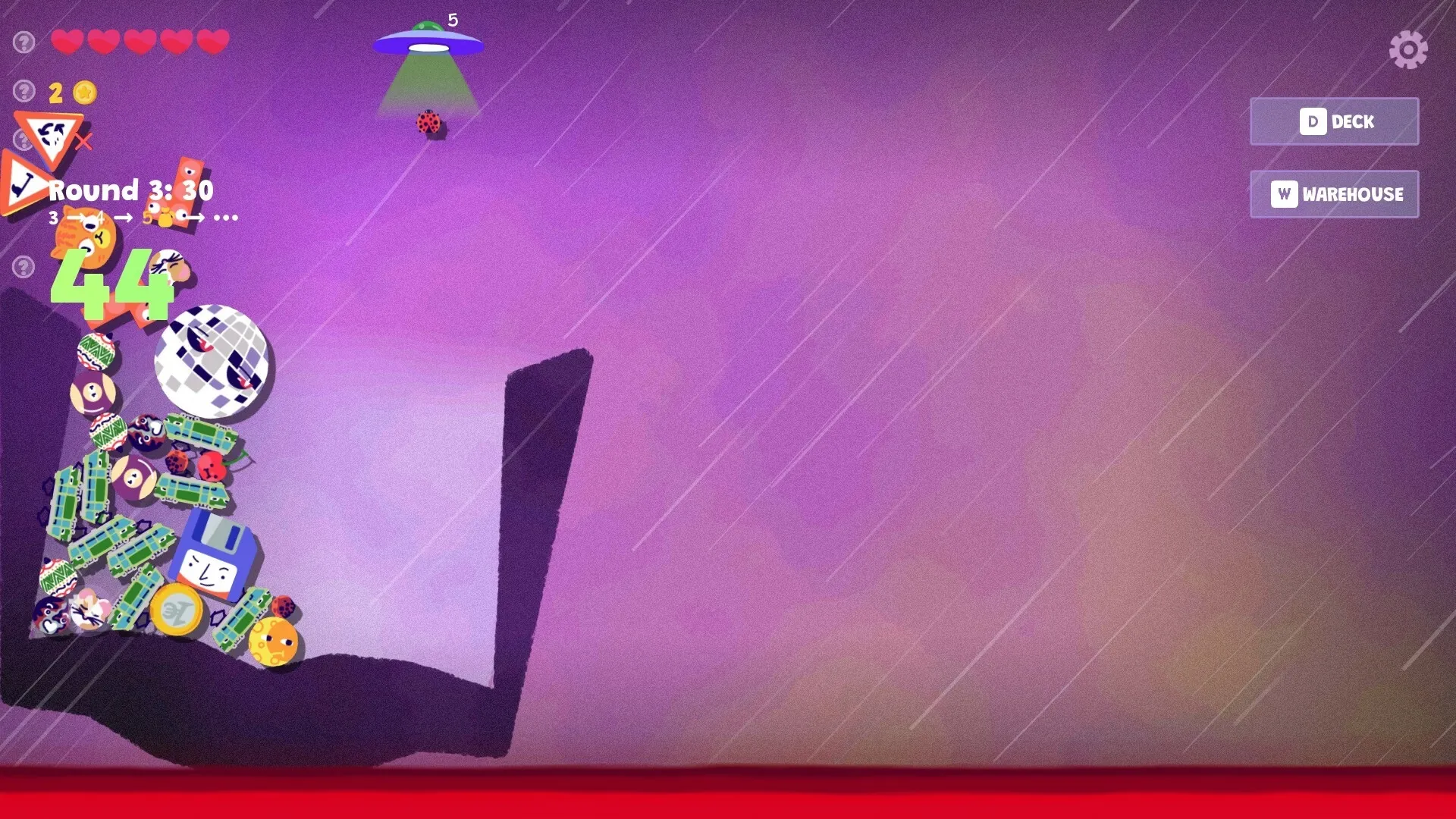 Steve's Warehouse: Balancing objects on a tilted surface with a disco ball and score counter in view