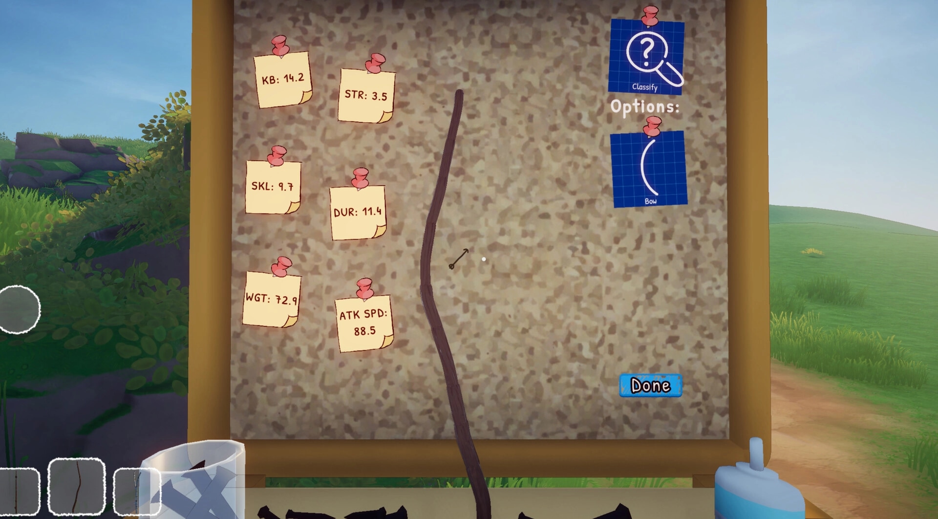 Stick A Round: Stick stats and classify menu with bow option on corkboard in grassy outdoors.