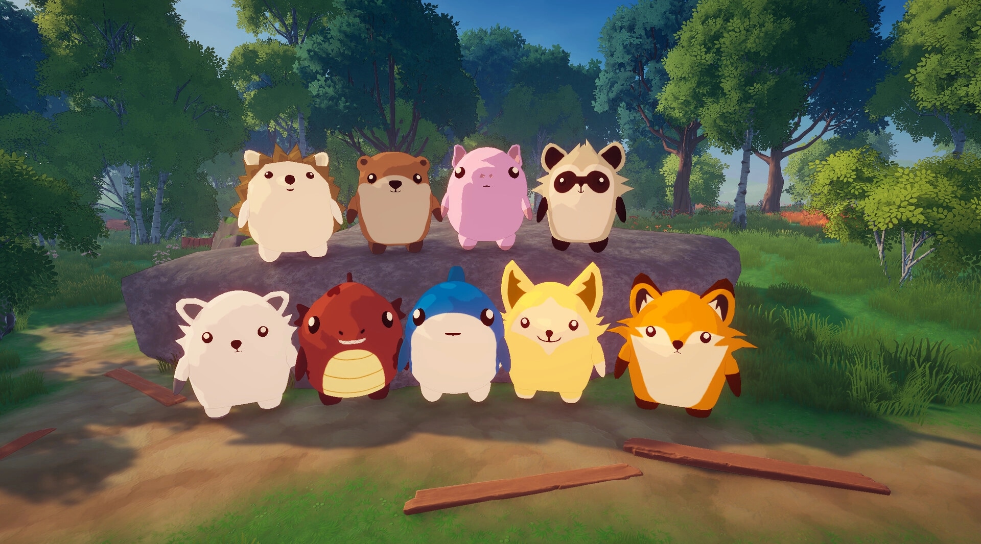 Stick A Round: Eight chubby animal avatars posing on a rock in a sunny forest clearing with sticks scattered.