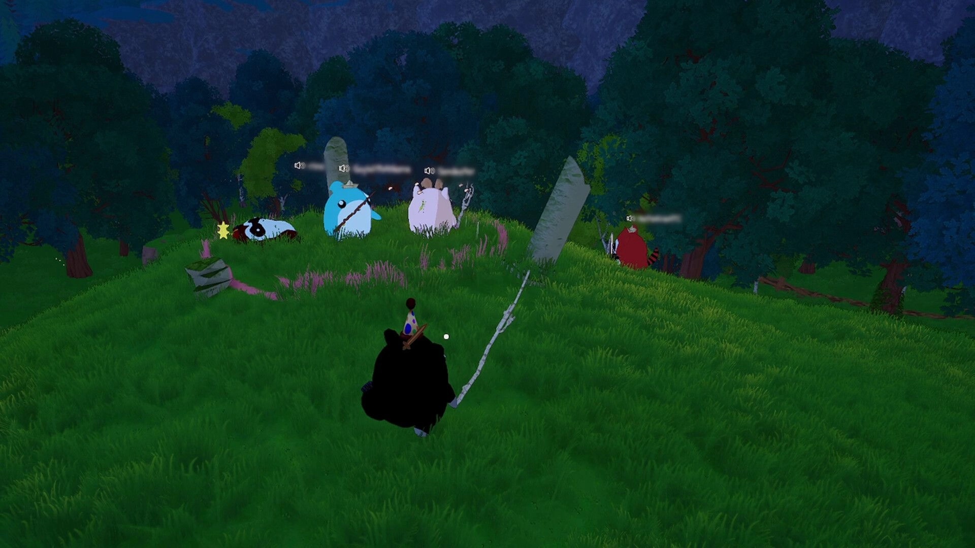 Stick A Round: Player faces three animal avatars with name tags on a grassy hill in forest at dusk.