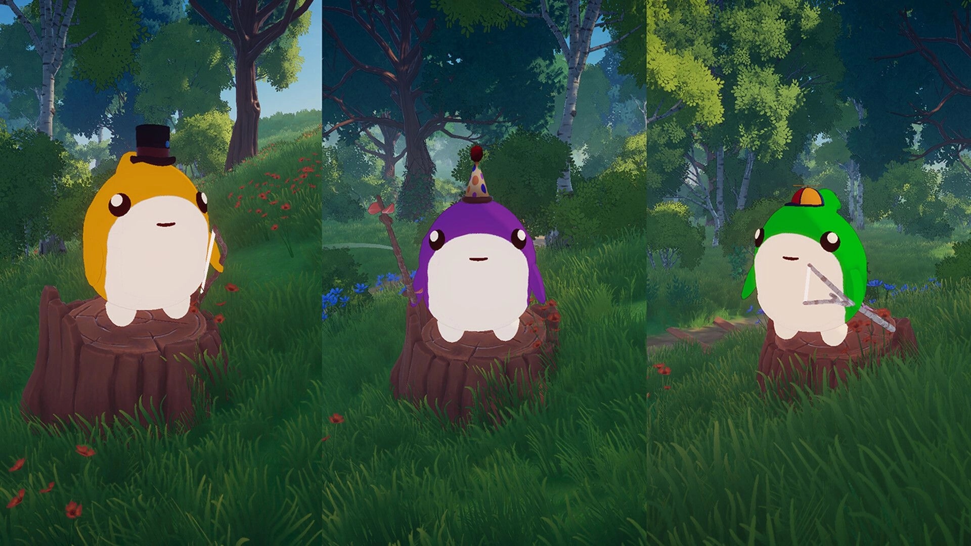 Stick A Round: Three penguin-like avatars on stumps holding sticks in a sunny forest clearing.
