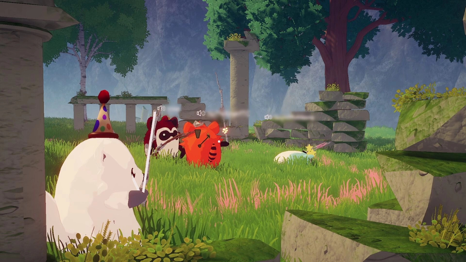 Stick A Round: Animal characters with sticks and voice icons in grassy ruins with broken stone pillars.