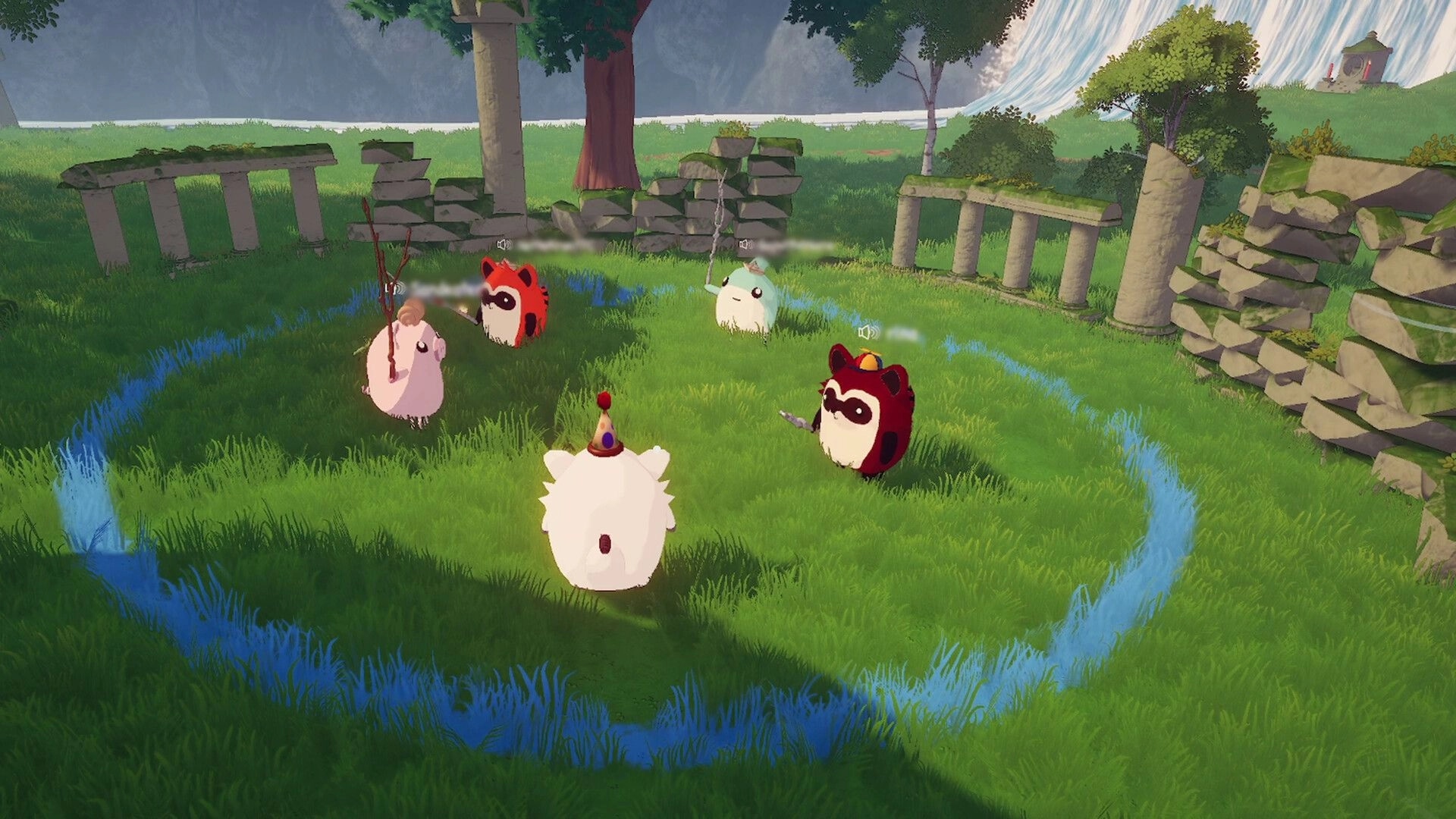 Stick A Round: Four round animal fighters in a glowing ring on grassy ruins with stone pillars and trees.
