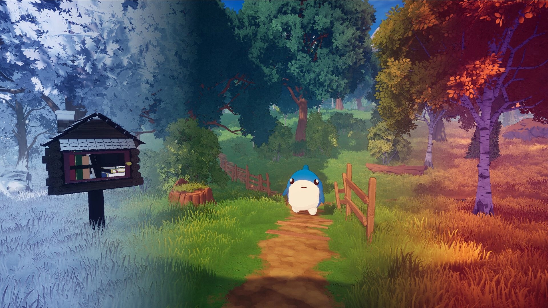 Stick A Round: Blue shark-like character on dirt path beside fence in colorful forest with mailbox.