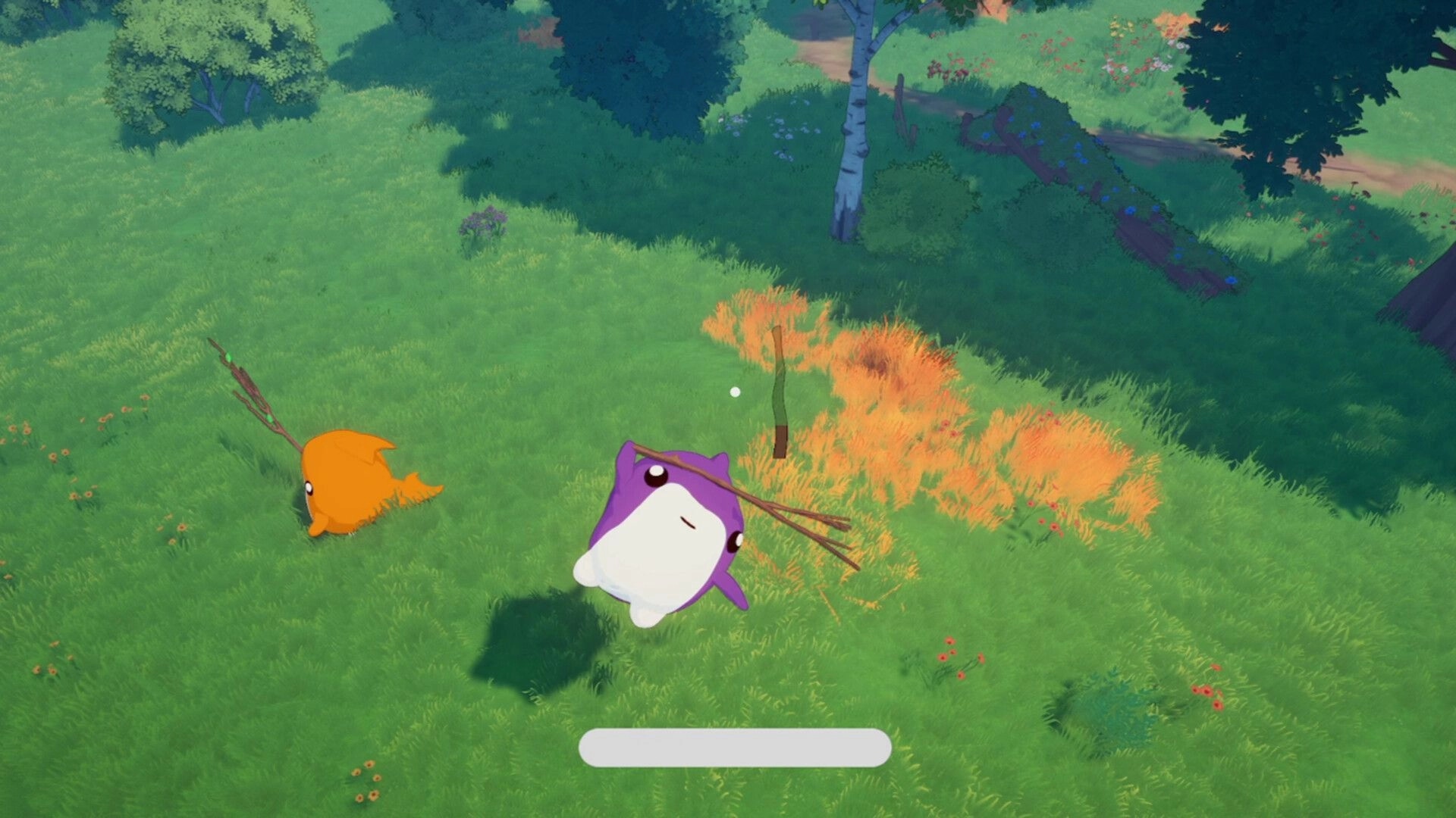 Stick A Round: Purple and orange blob characters spar with sticks in a grassy meadow by trees path.