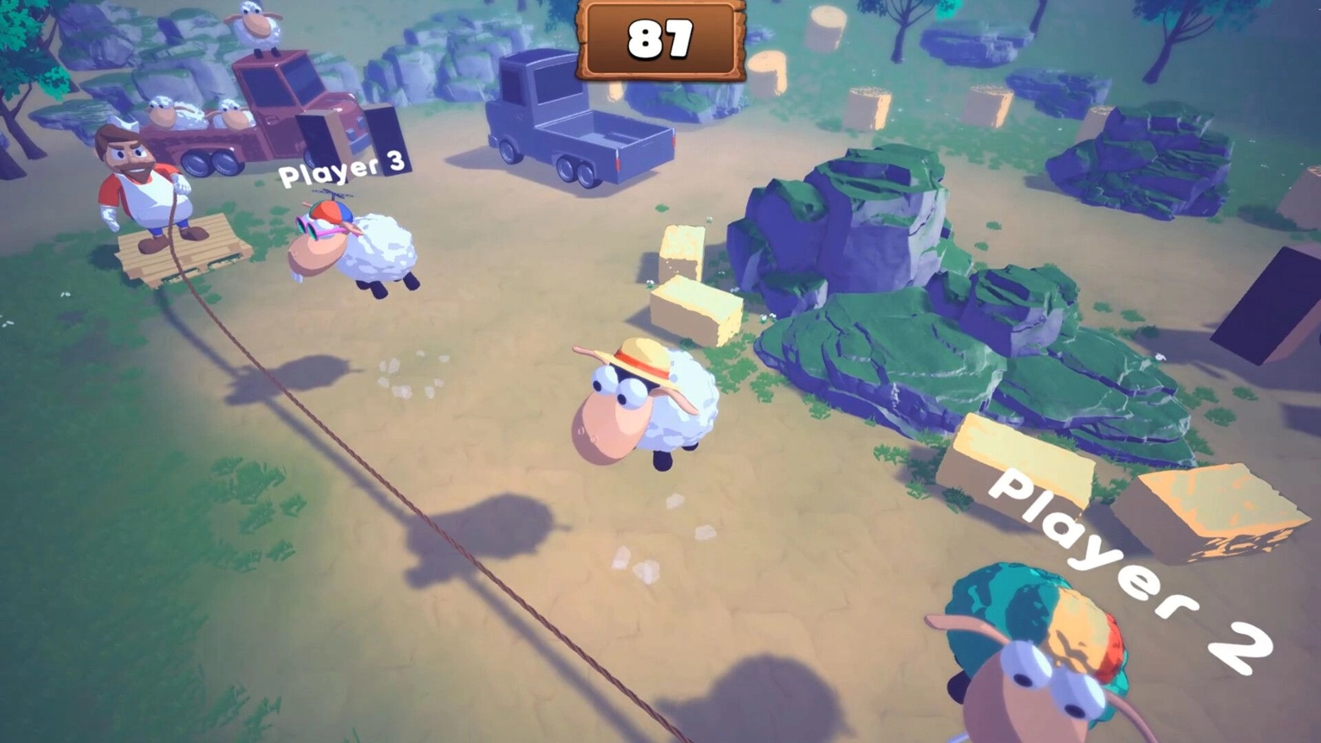 Stick N’ Sheep: Sheep labeled Player 2 and Player 3 near trucks and rocks, timer 87 overhead.