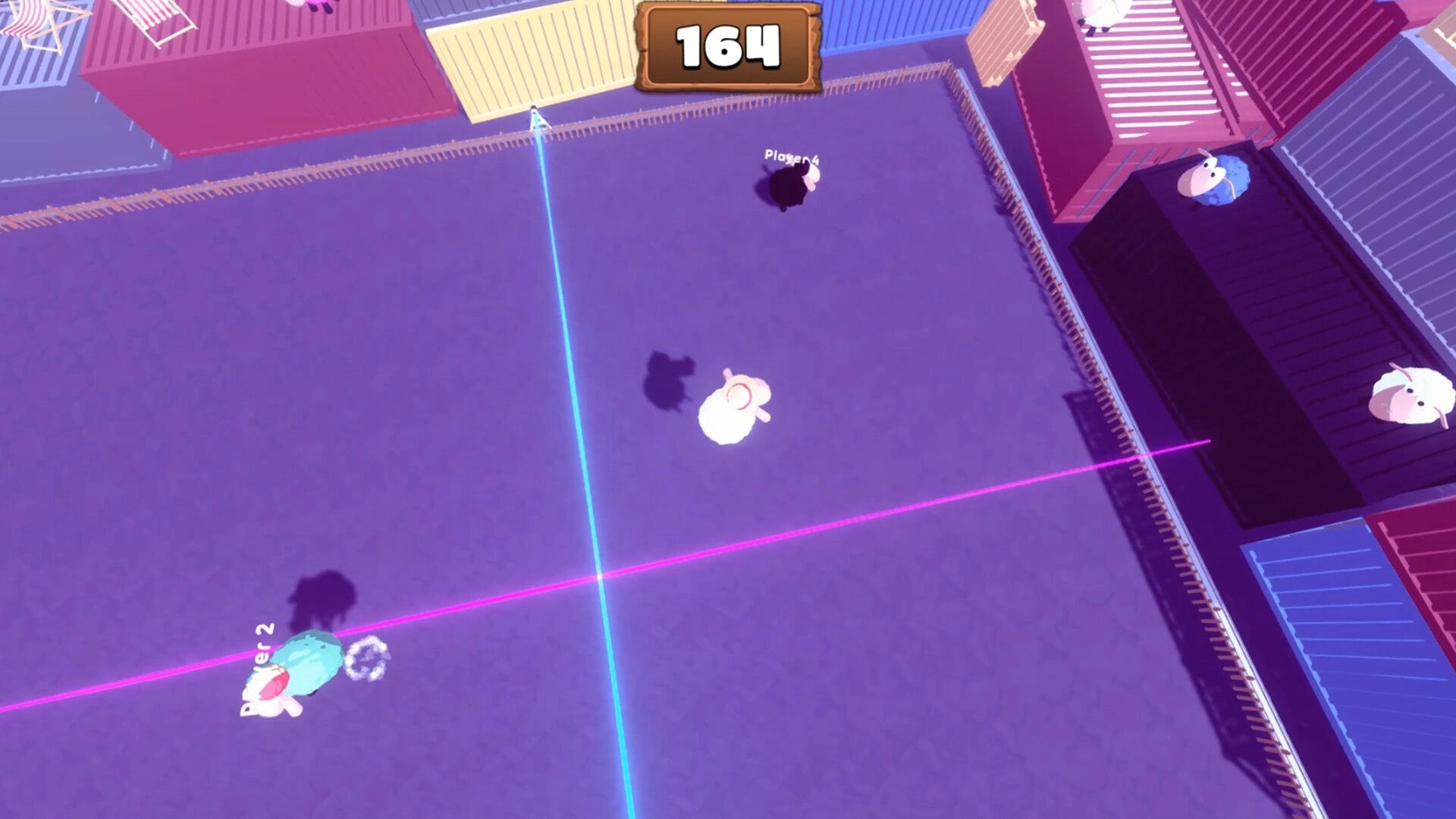 Stick N’ Sheep: Sheep dodge crossing laser lines with 164 timer in a fenced shipping container yard.