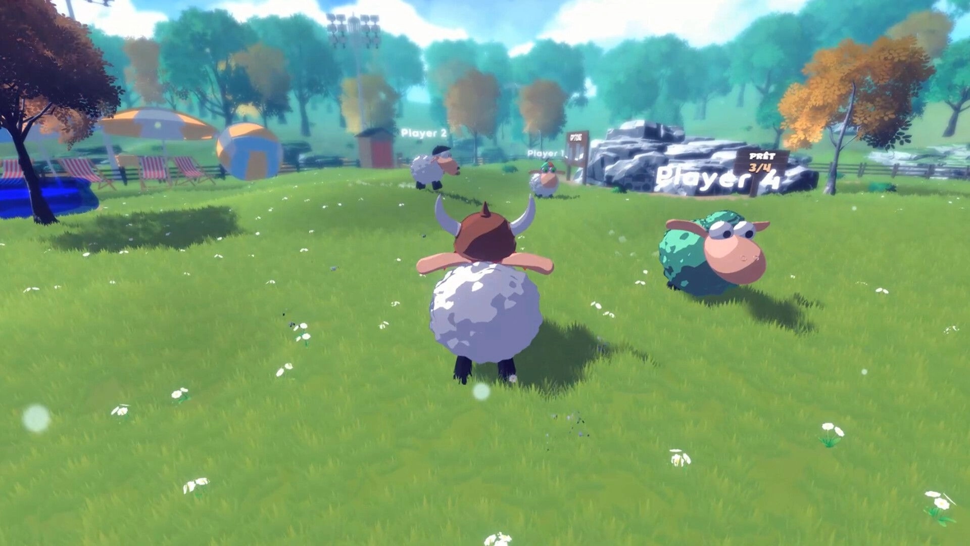Stick N’ Sheep: Four sheep avatars in a grassy arena lobby with Player labels and “PRÊT 3/4” UI.