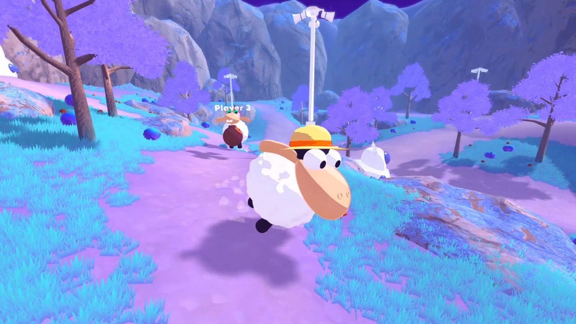 Stick N’ Sheep: Two sheep sprint along a purple trail, Player 3 label visible in pastel forest valley.