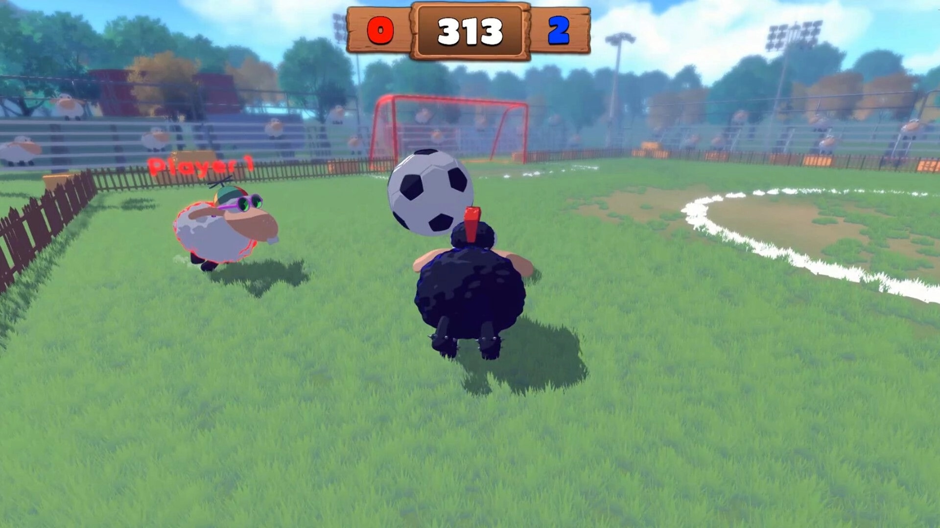 Stick N’ Sheep: Two sheep chase a soccer ball toward goal on grassy field, scoreboard 0-313-2 above.