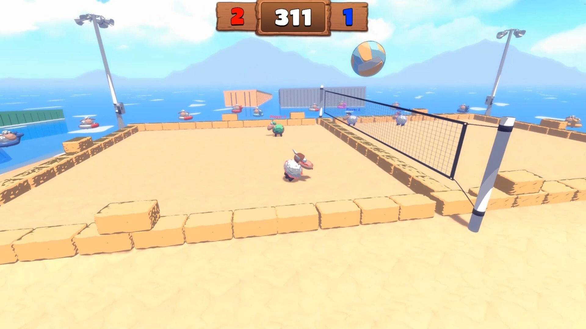 Stick N’ Sheep: Sheep play beach volleyball with net and scoreboard on sandy court by the ocean.