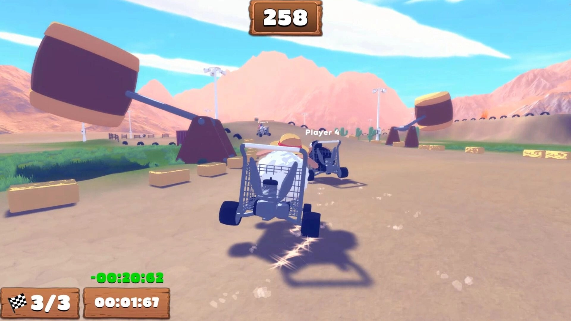 Stick N’ Sheep: Sheep in shopping cart races Player 4 past giant hammers on a desert track, lap UI 3/3.