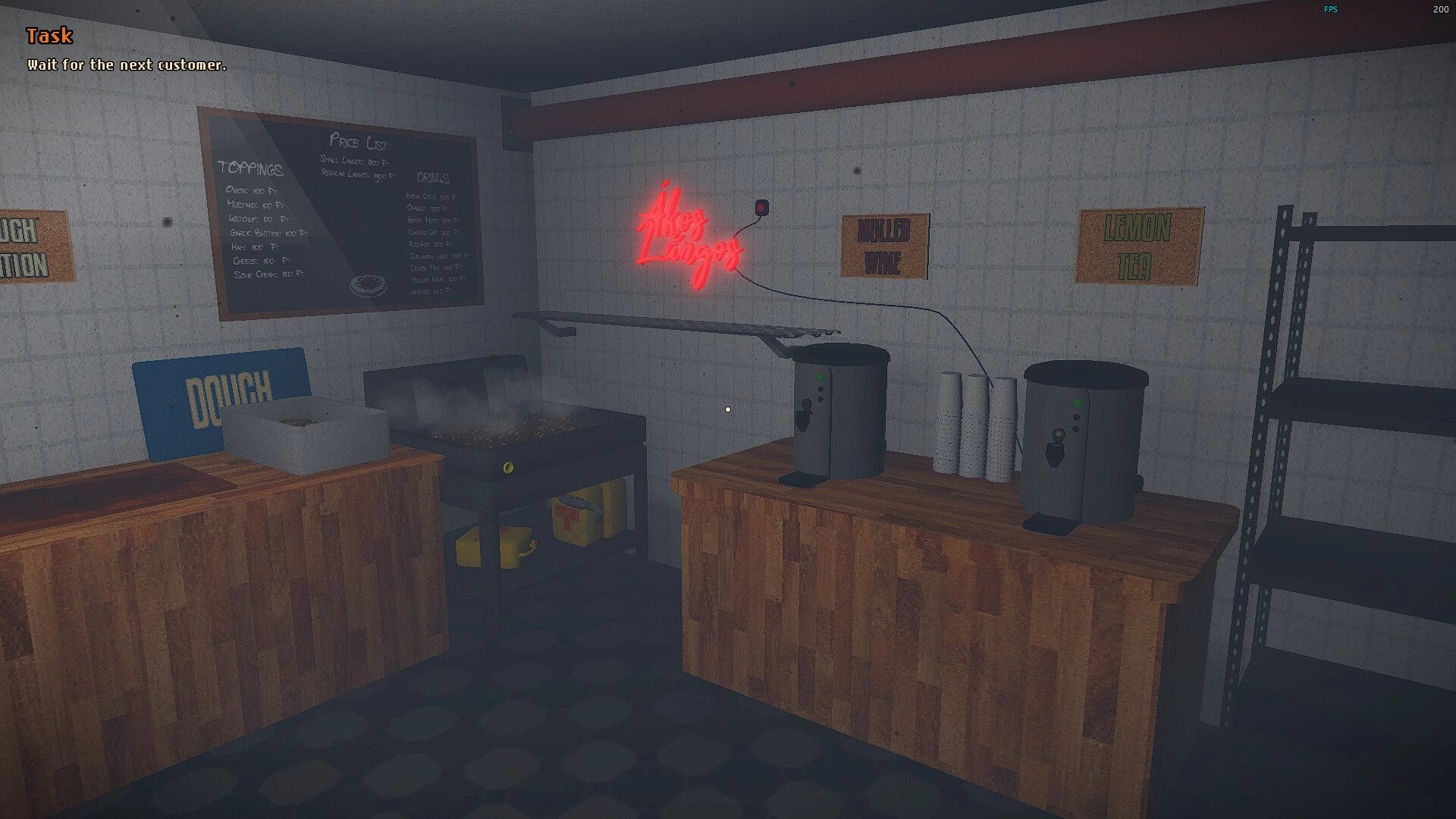 Still Warm: Task prompt to wait for next customer in tiled kitchen with fryer, menu board, neon sign.