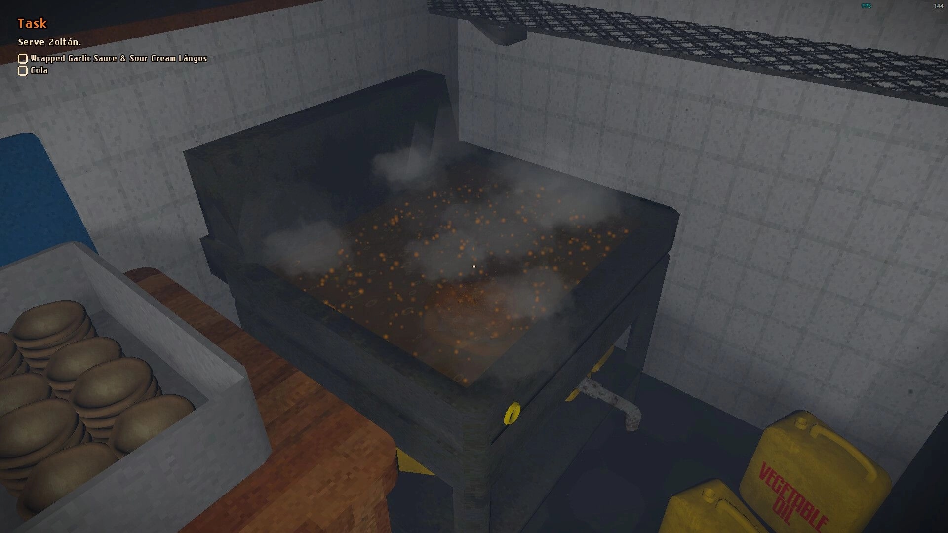 Still Warm: Fryer bubbling with hot oil beside dough trays, task list to serve Zoltán in alley kitchen.