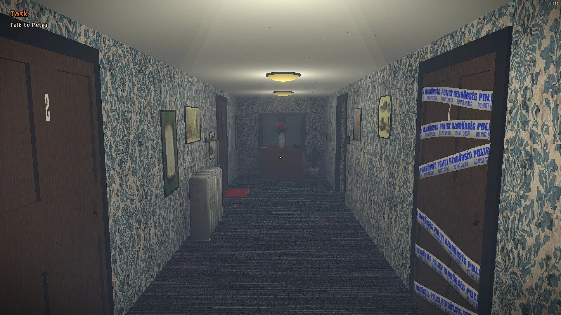 Still Warm: Task "Talk to Petra" HUD over apartment hallway with sealed police tape on door.