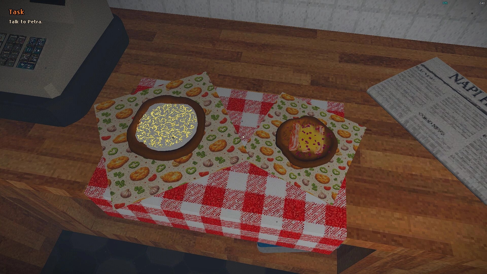 Still Warm: Task UI "Talk to Petra" over two plated lángos on a checkered tablecloth indoors.