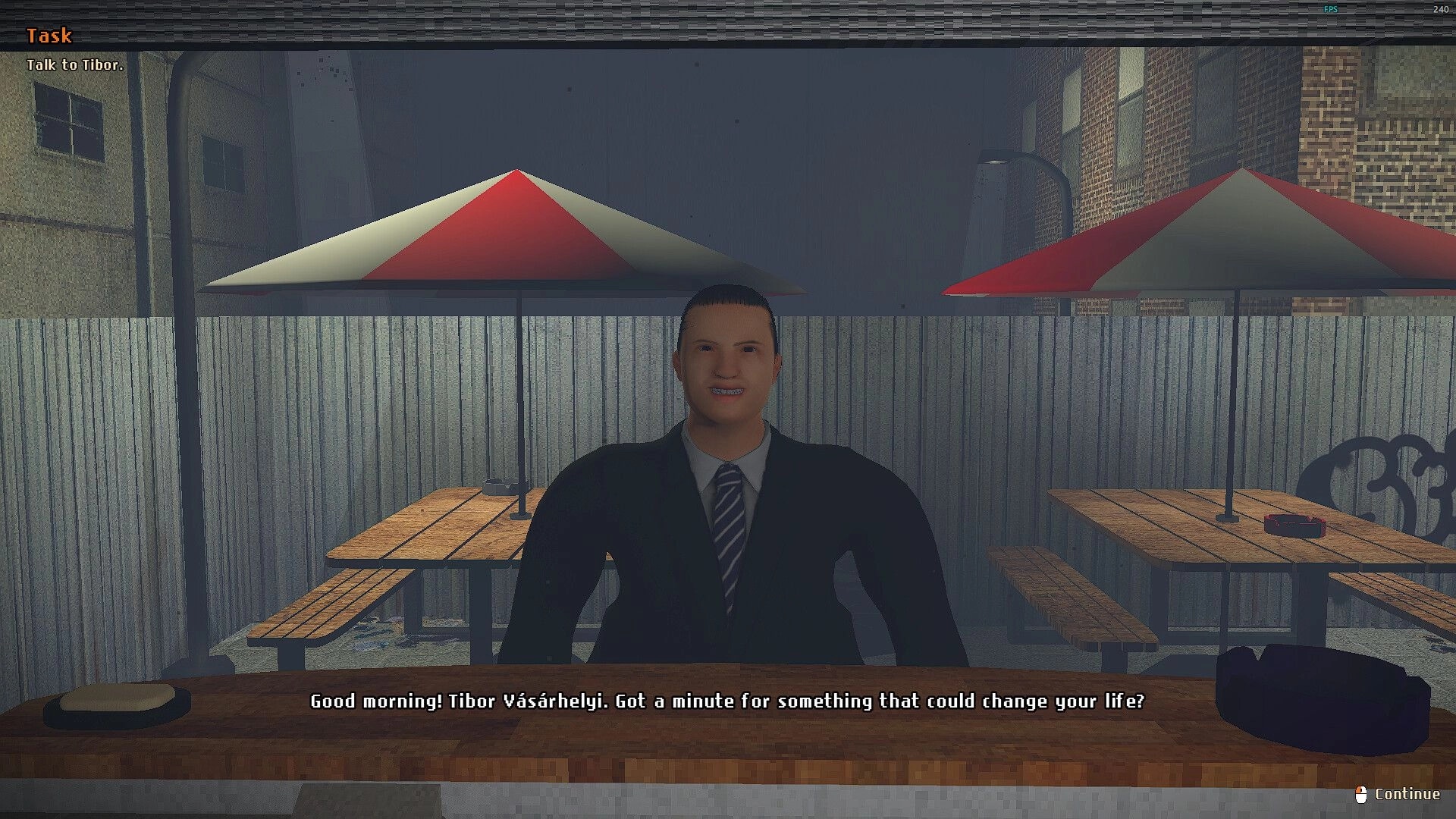 Still Warm: Dialogue with Tibor at outdoor tables under umbrellas in a fenced courtyard, task UI visible.