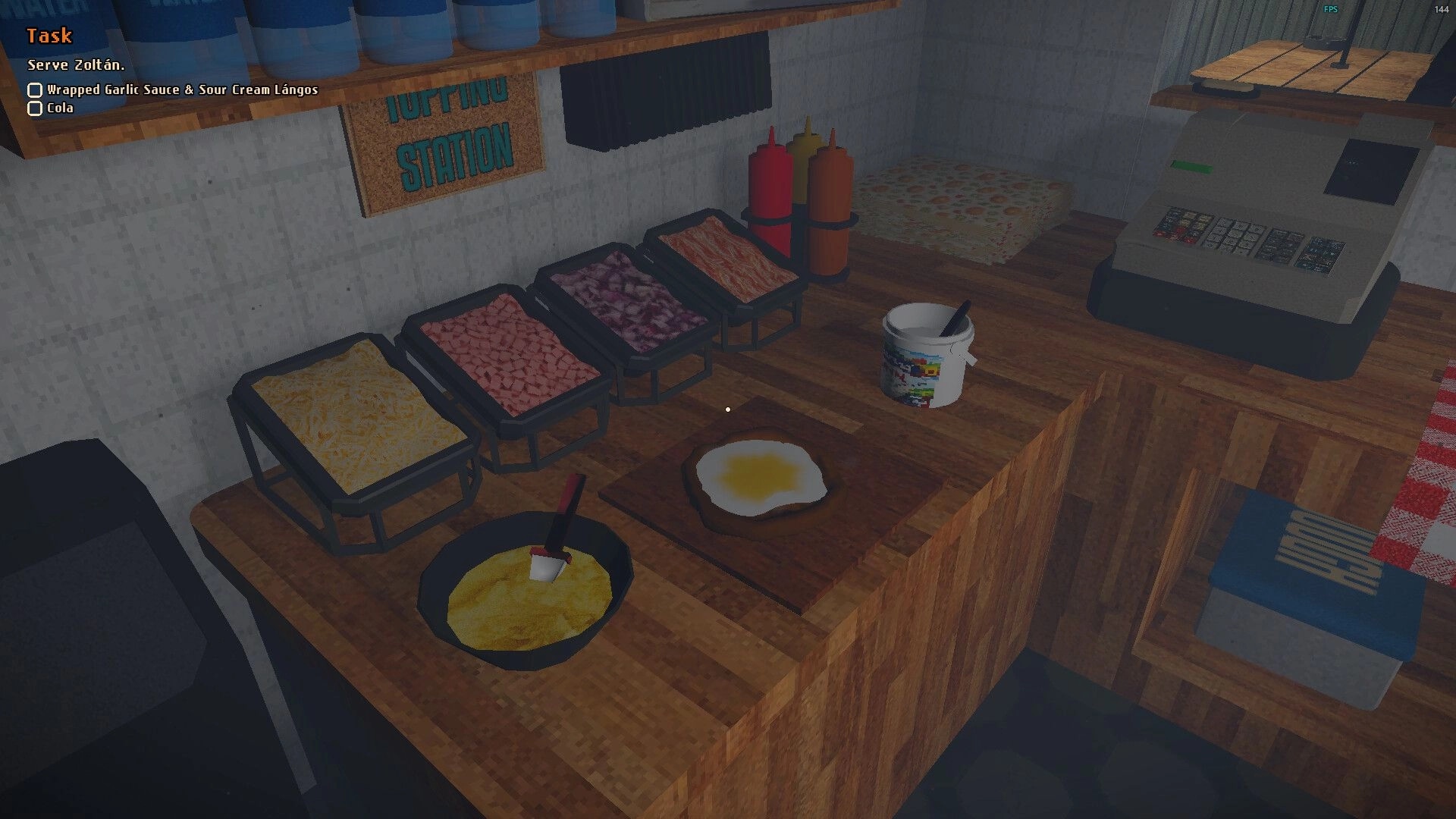 Still Warm: Task list to serve Zoltán as toppings station and cash register sit in food stall.