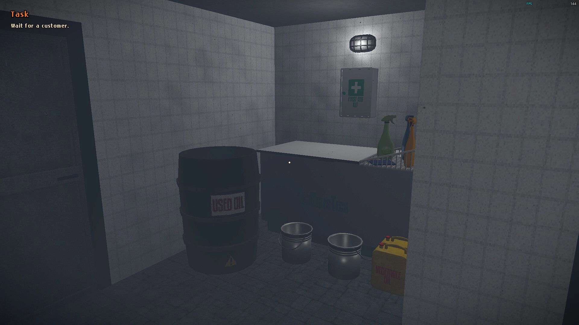 Still Warm: Task UI says wait for a customer in tiled prep room with used oil barrel and cans.