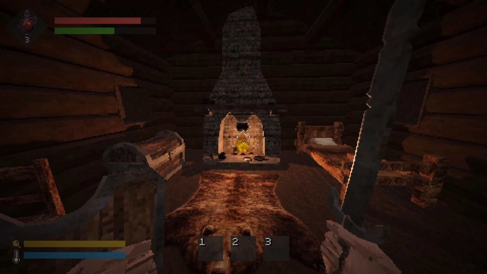 Still Winter: First-person view holding a sword by a lit fireplace inside a wooden cabin room.