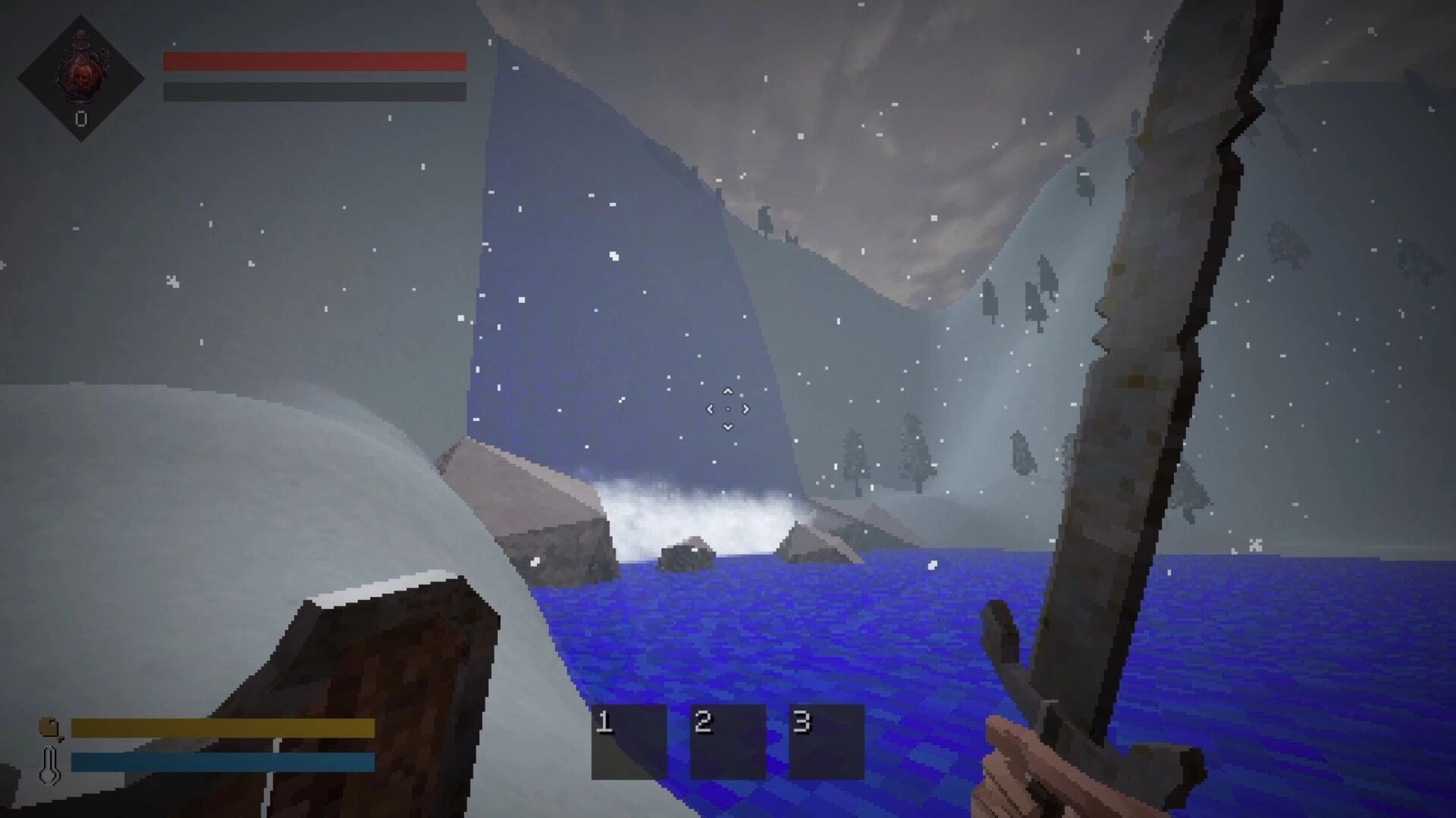 Still Winter: First-person view holding a sword by icy water in a snowy mountain ravine with HUD bars.