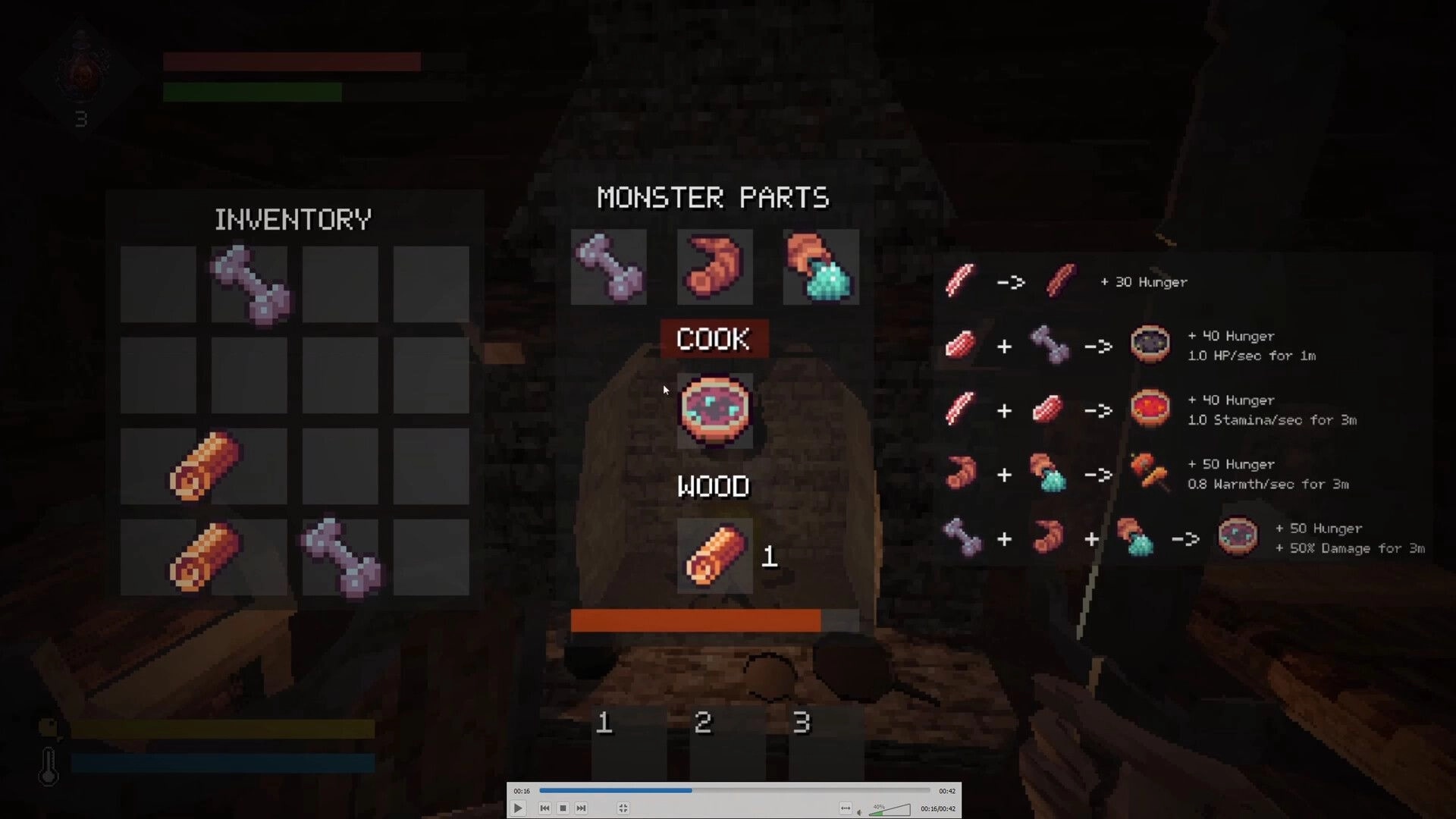 Still Winter: Cooking menu with inventory and monster parts recipes over a dim stone furnace room.