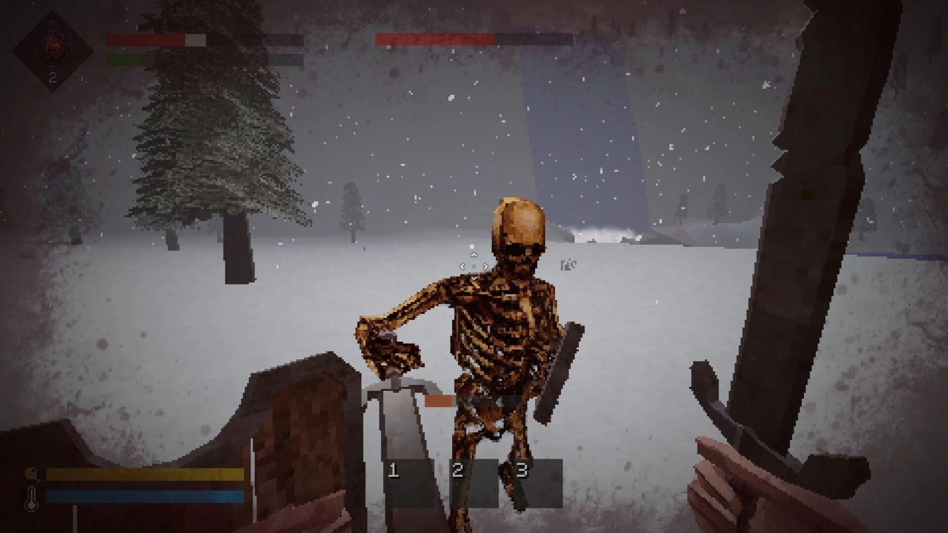 Still Winter: First-person fight with a skeleton wielding a club in a snowy forest with HUD bars.