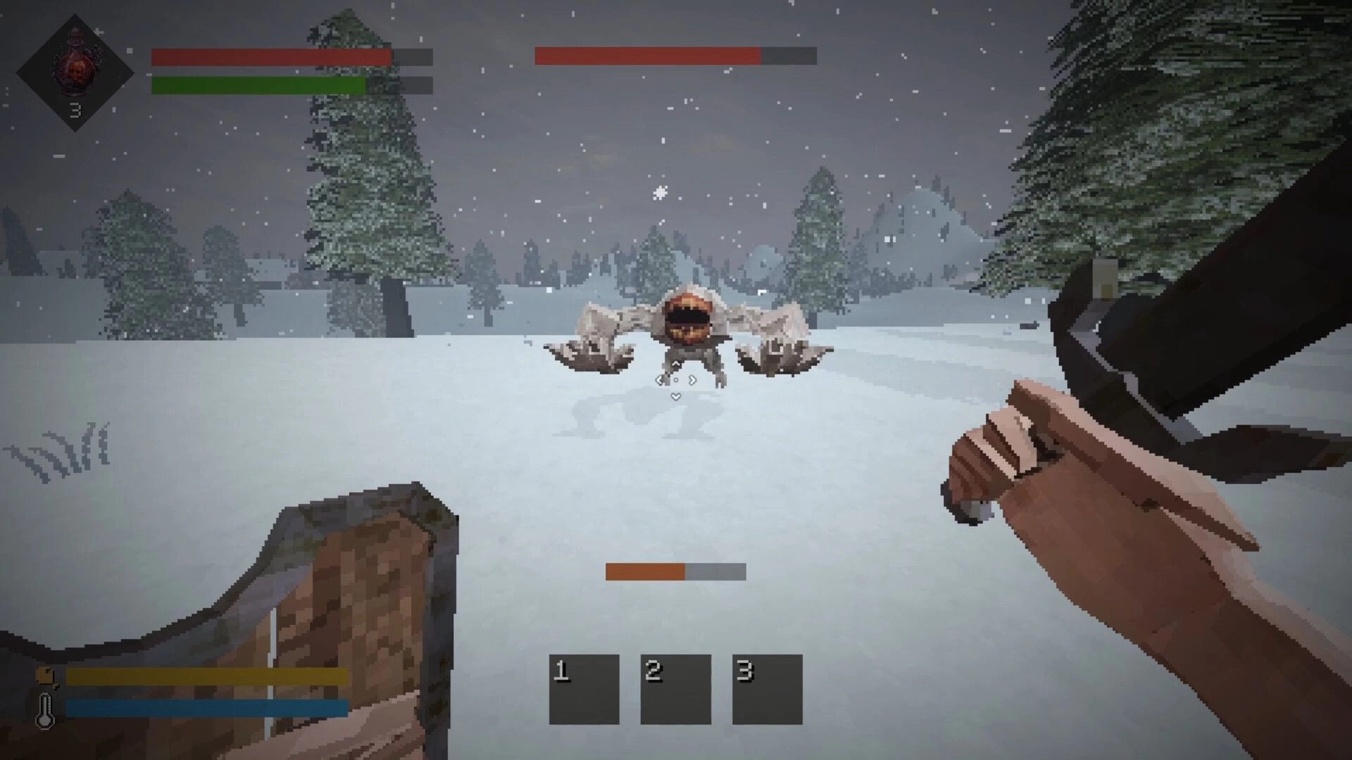 Still Winter: First-person combat aiming at a winged monster in a snowy forest with HUD bars.