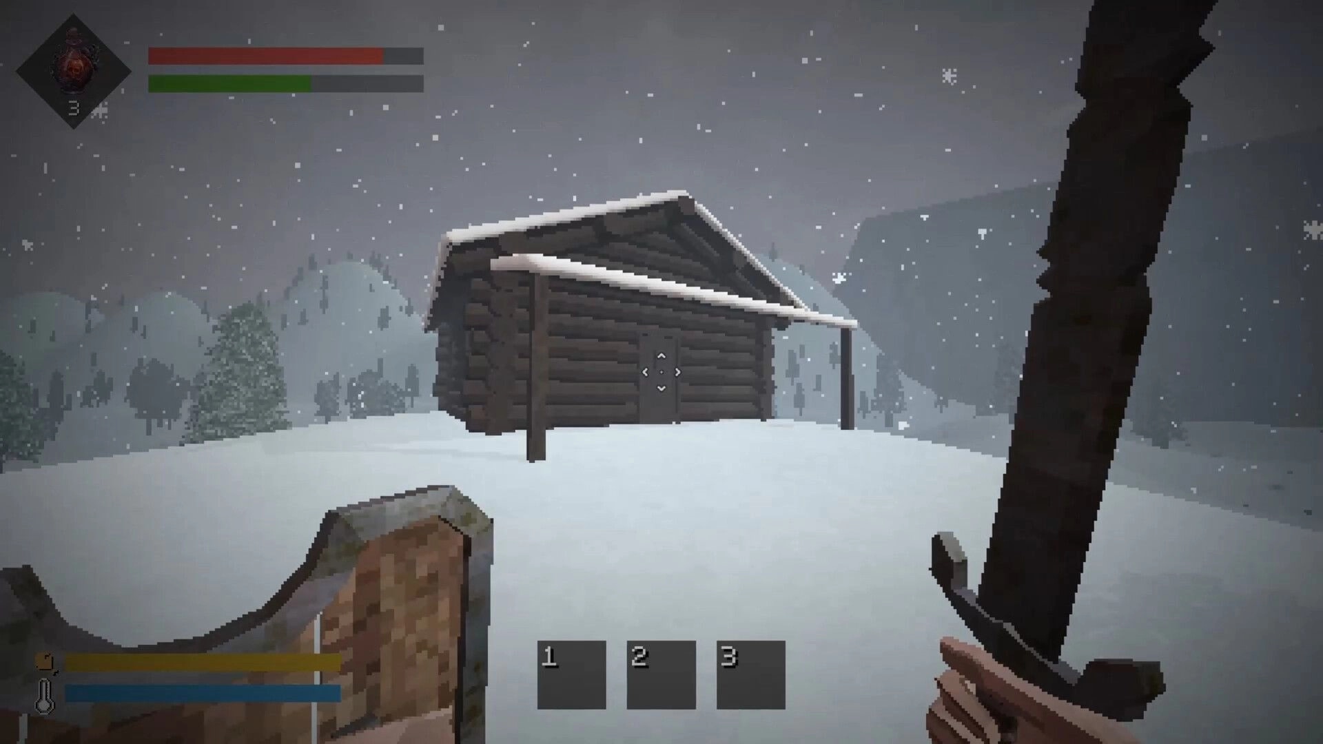 Still Winter: First-person view with sword and shield HUD facing a snowy cabin in falling snowstorm.